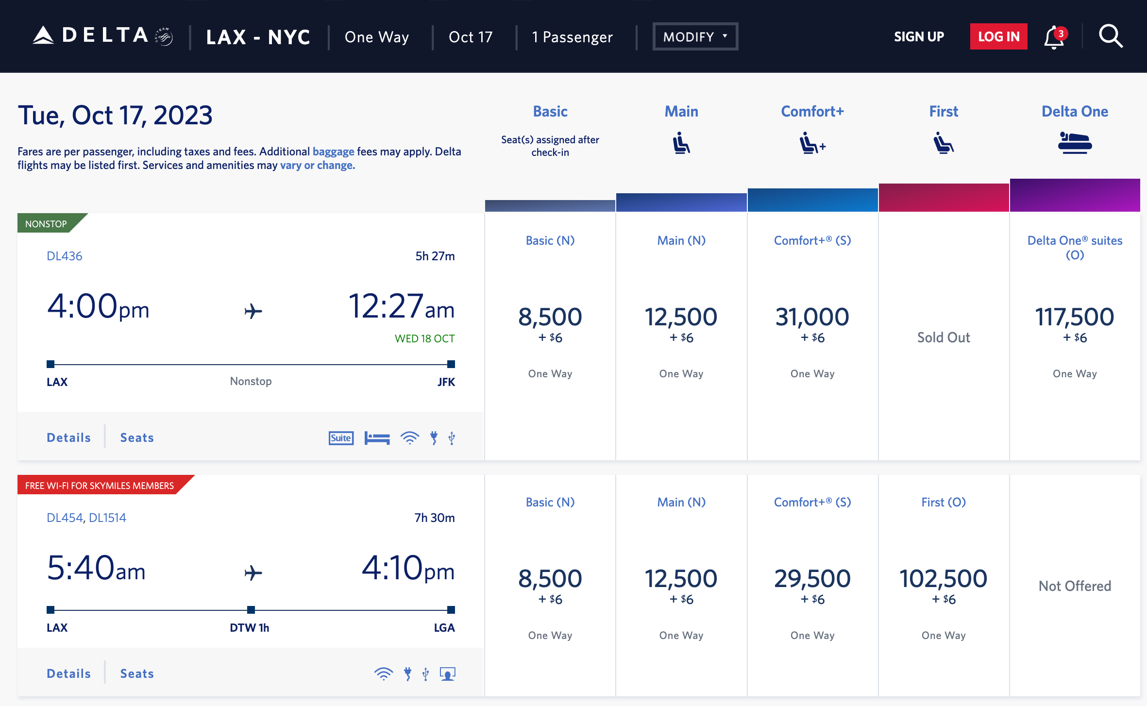 A screenshot of Delta's booking website showing the cost in miles to fly from Los Angeles to New York.