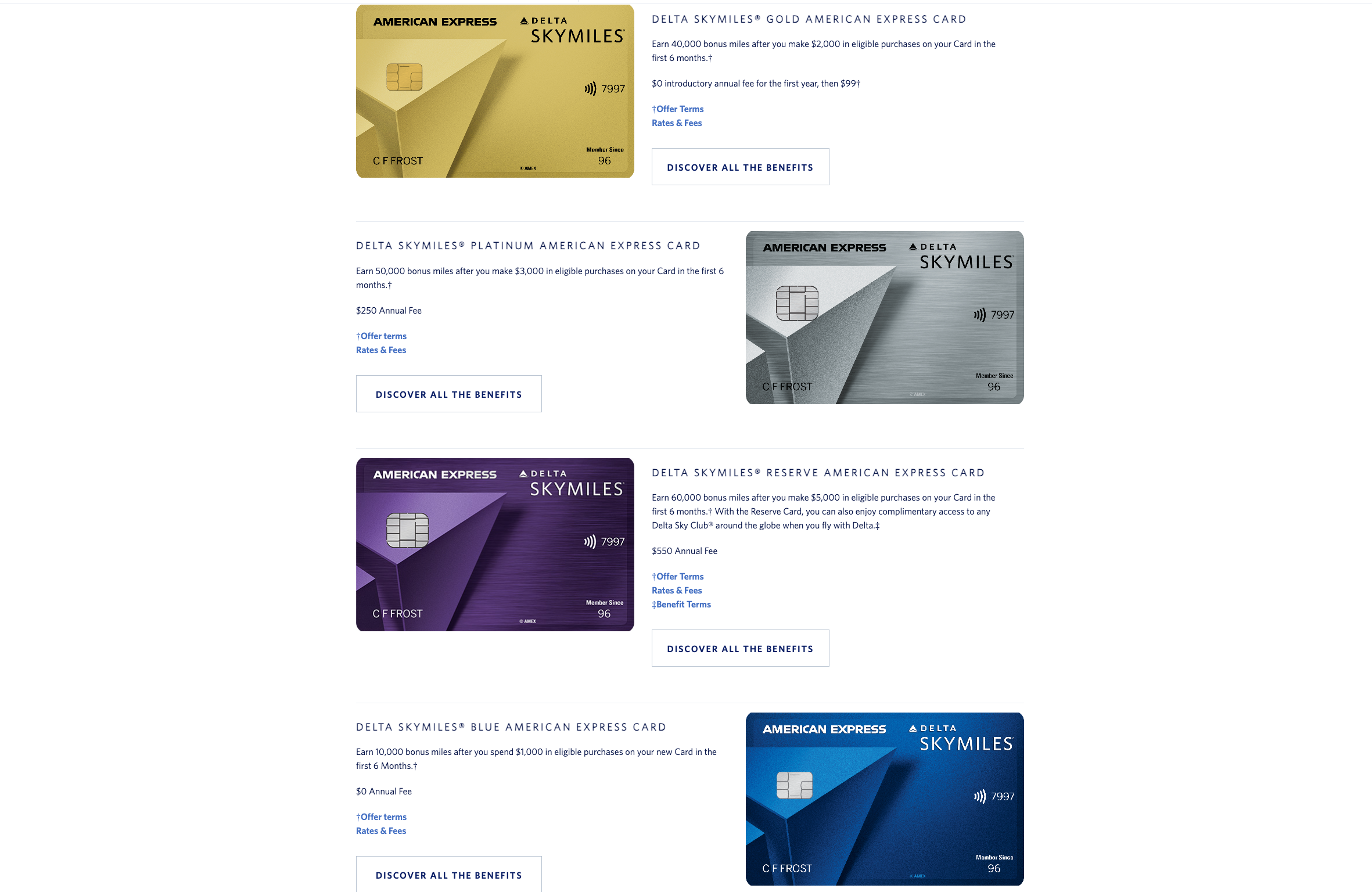 A screenshot of the different Delta Skymiles co branded credit card.