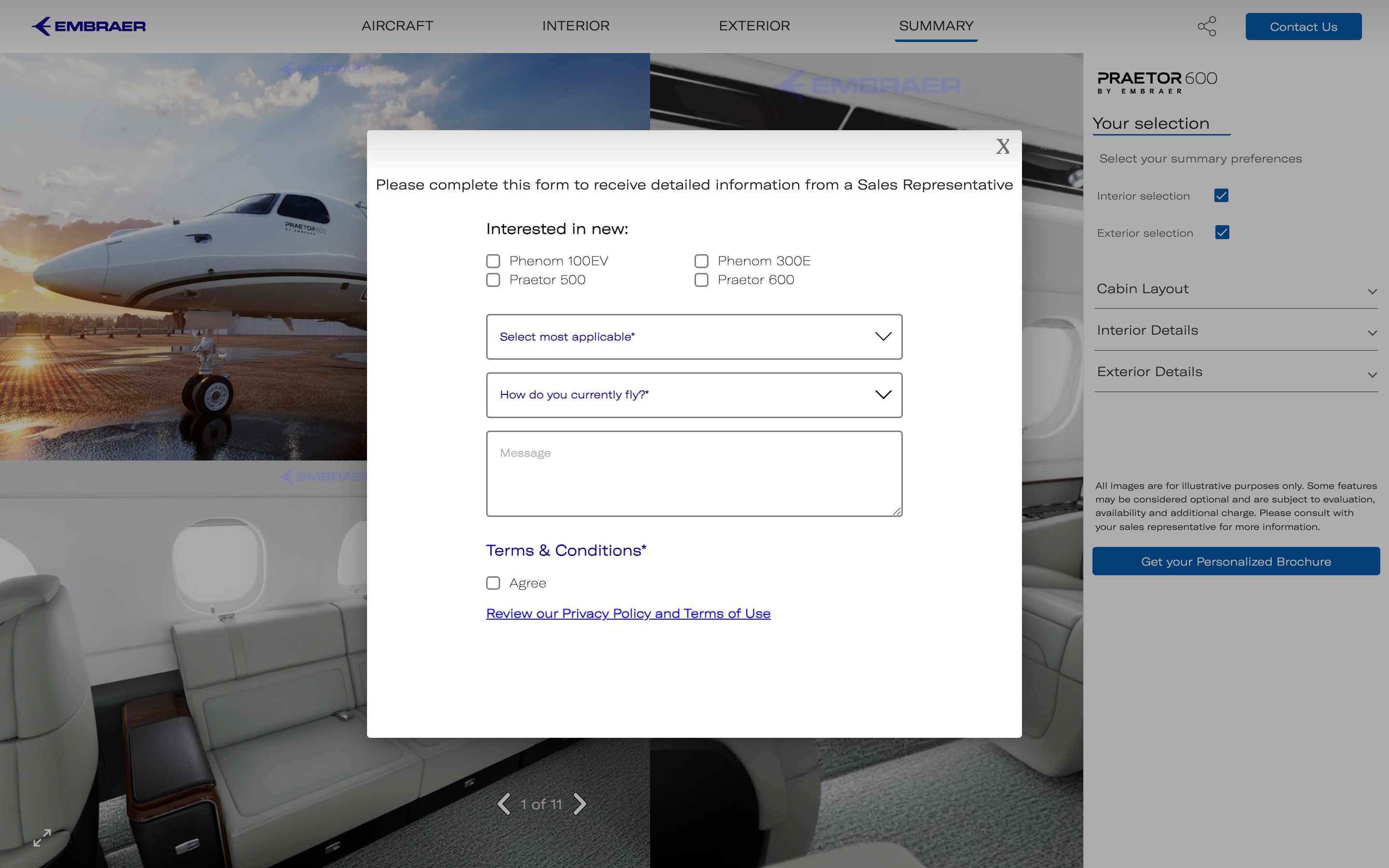 A Screenshot of Embraer's business jet inquiry page.