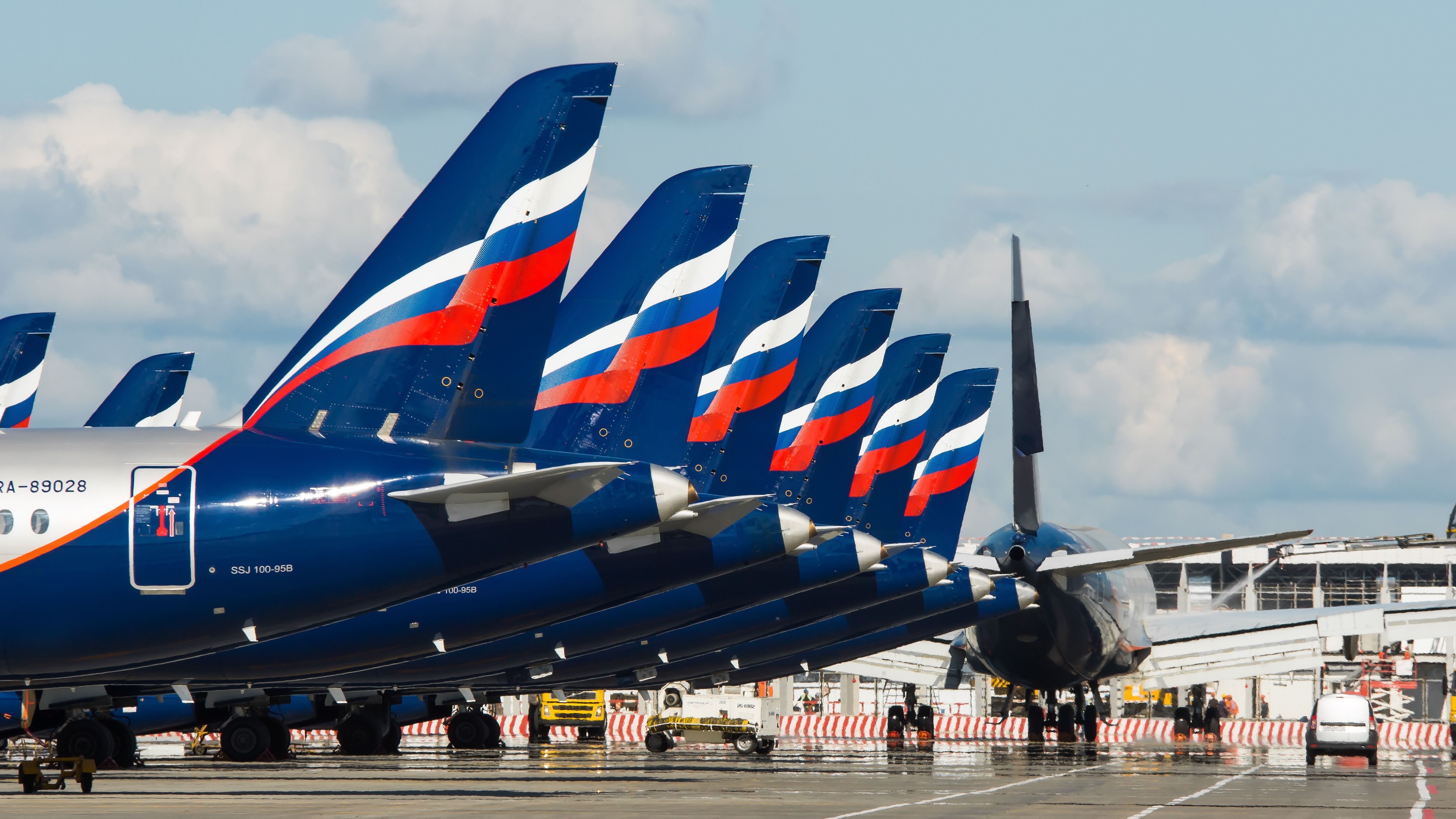 A fleet of Russia's Aeroflot aircraft parked at an airport