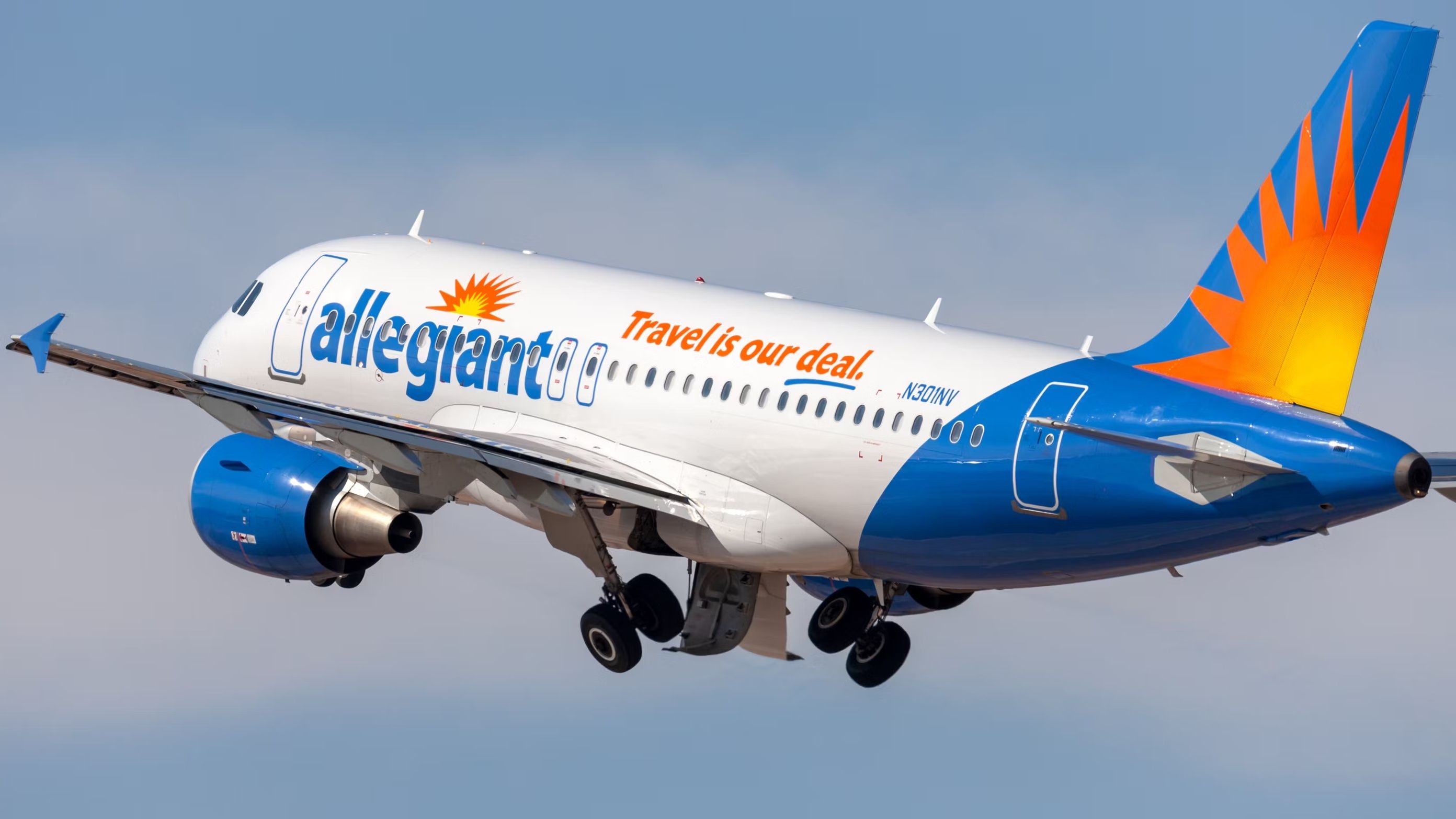 An Allegiant aircraft just after takeoff.