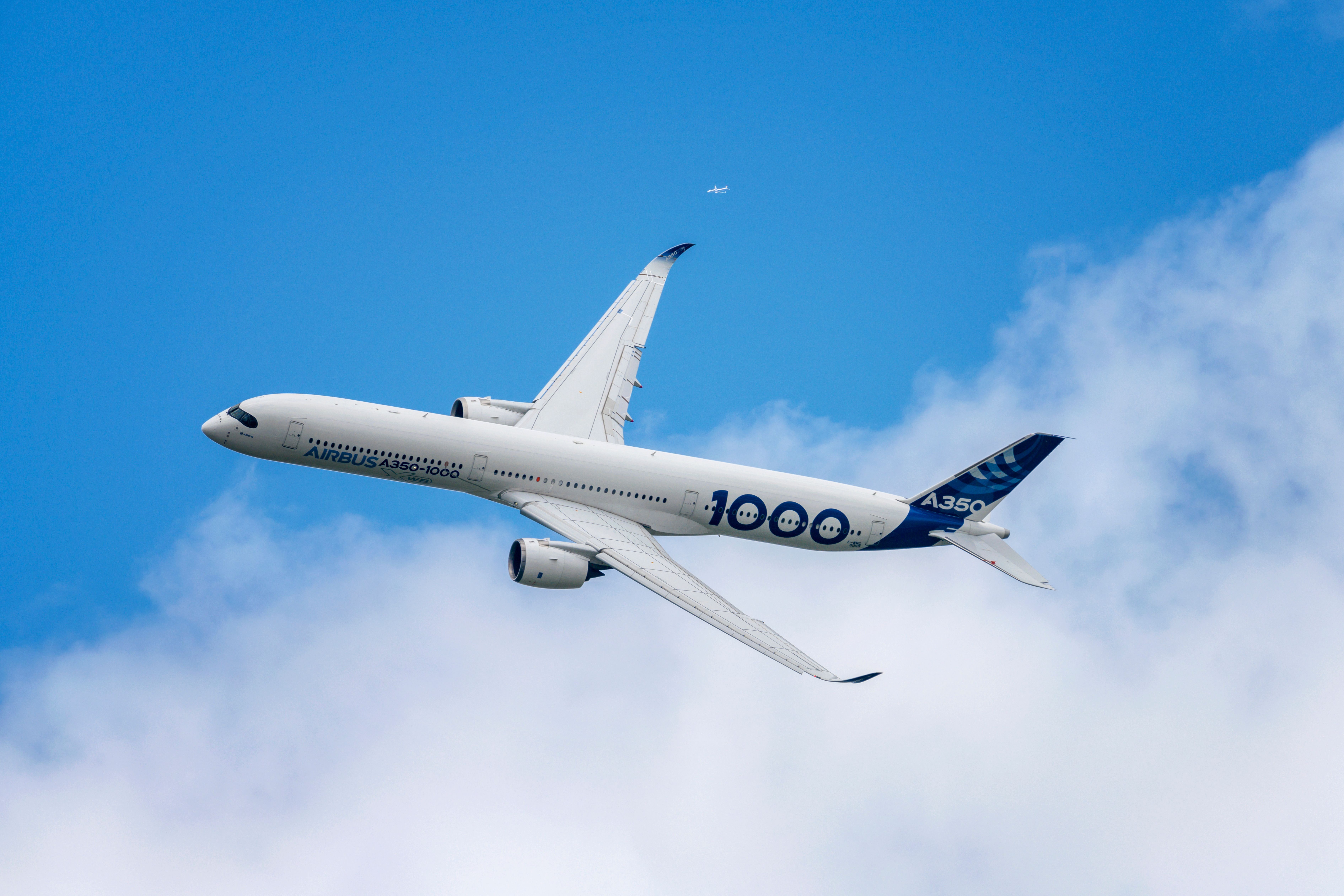 An Airbus A350-1000 flying in the sky.