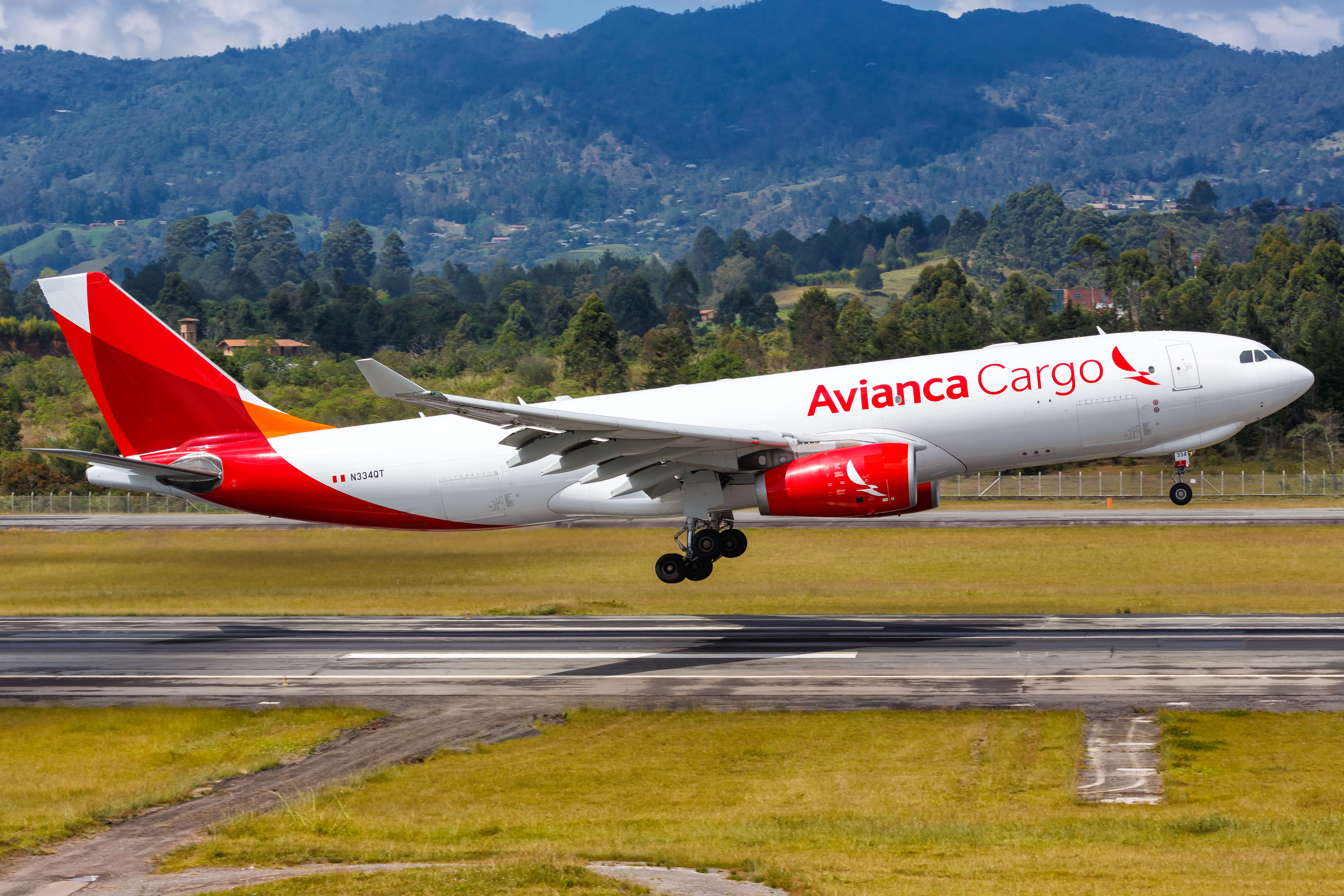 An avianca Cargo Airbus A330-200F taking off.