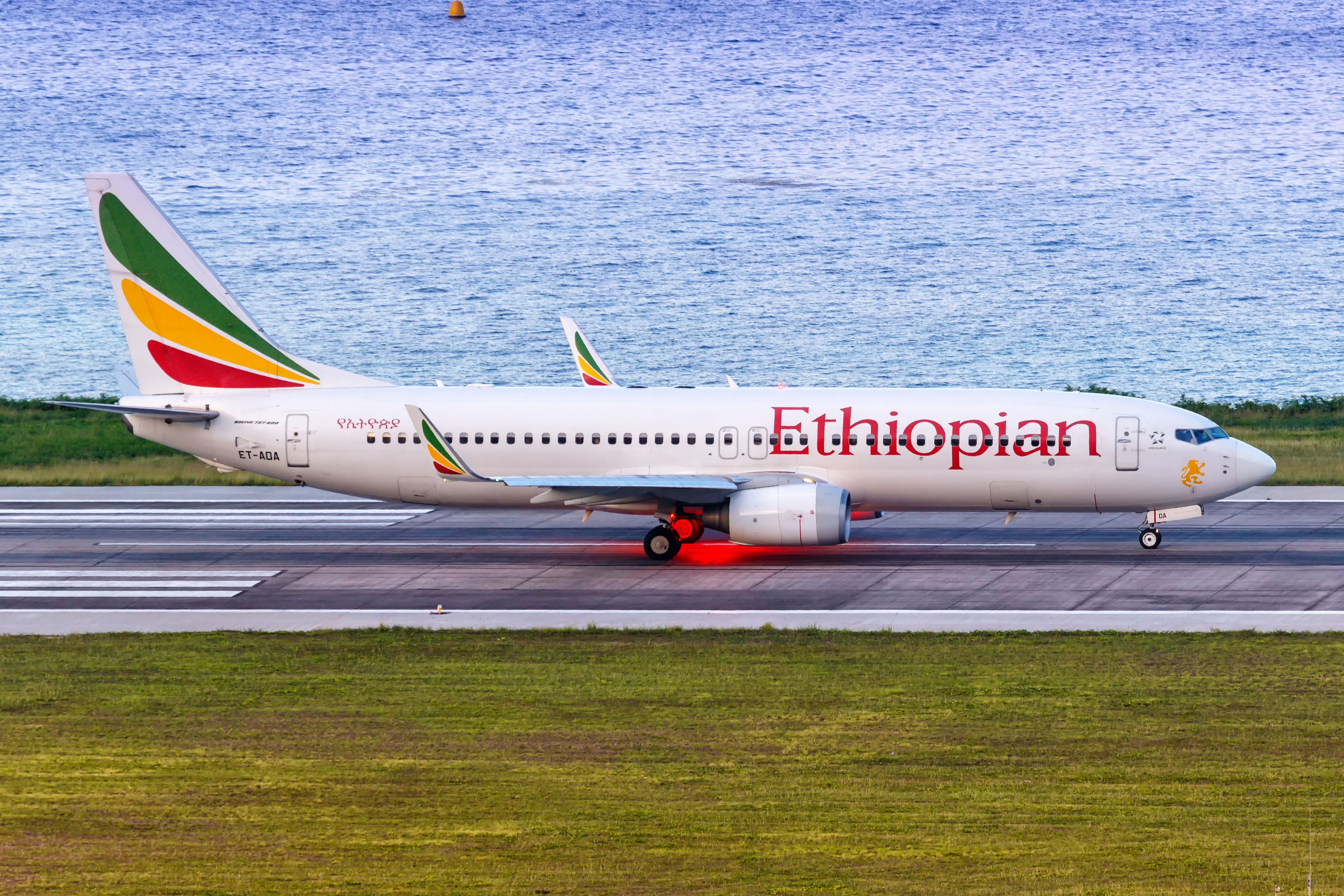 An Ethiopian Airlines Boeing 737 on the ground In Mahe.