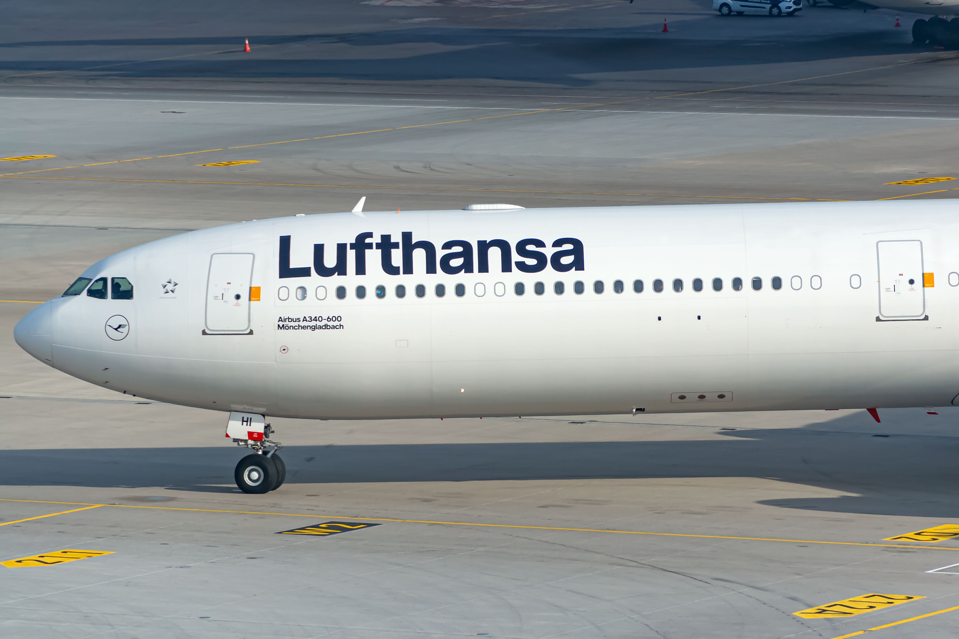 A Lufthansa A340-600 taxiing to the runway.
