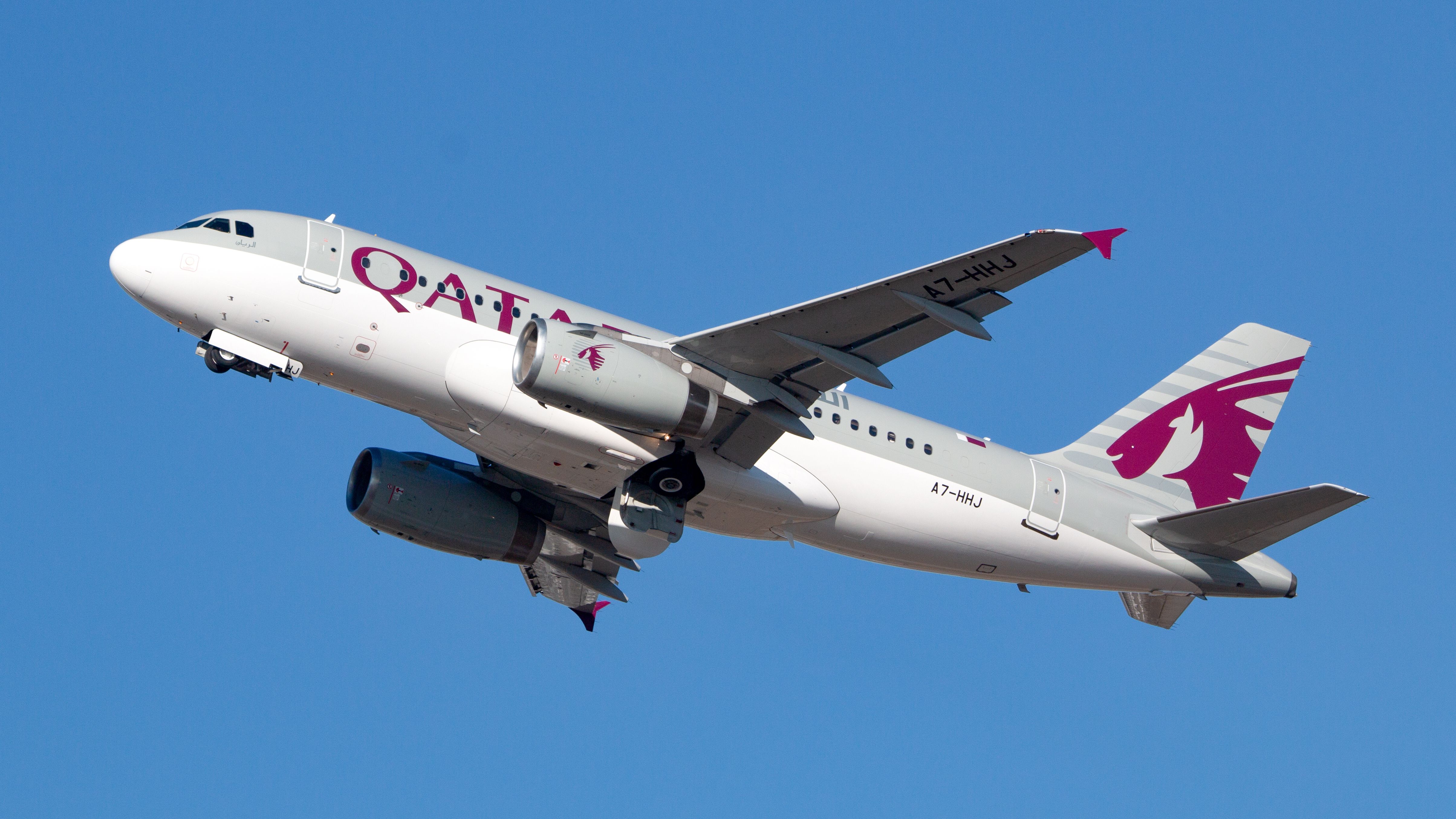 A Qatar Airways Airbus A319 flying in the sky.