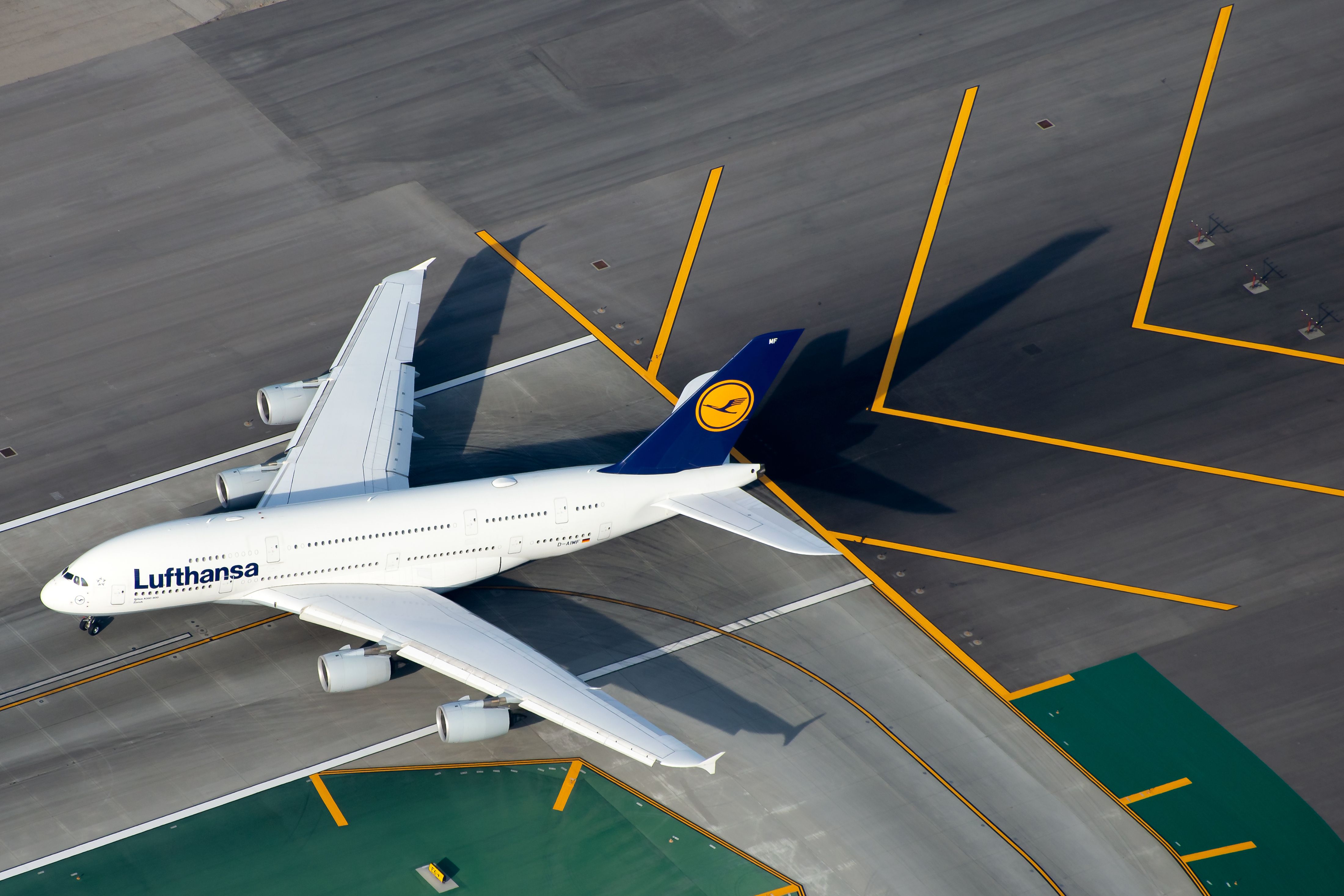 Lufthansa Airbus A380 on the runway at Los Angeles International Airport