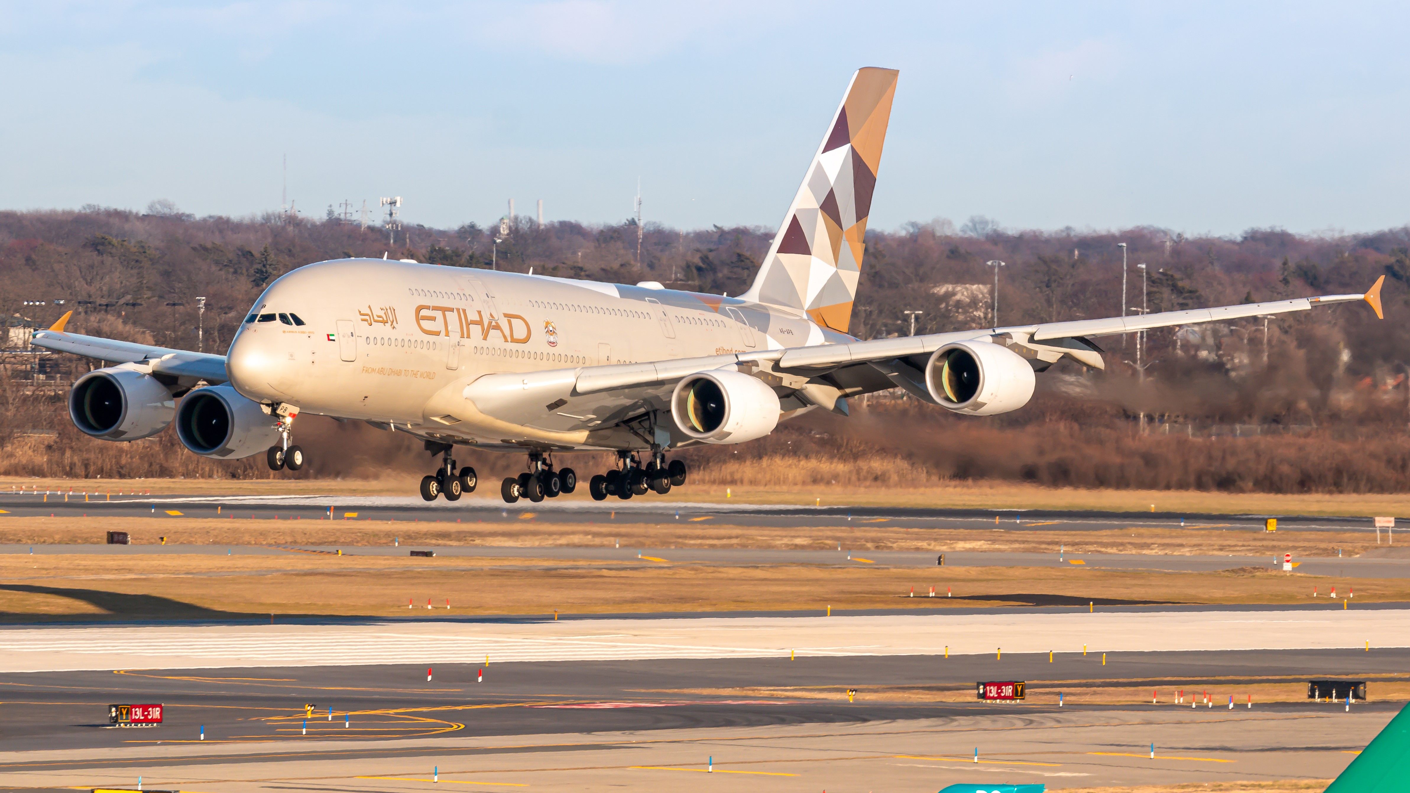 An Etihad Airbus A380 Landing At New York JFK Airport.