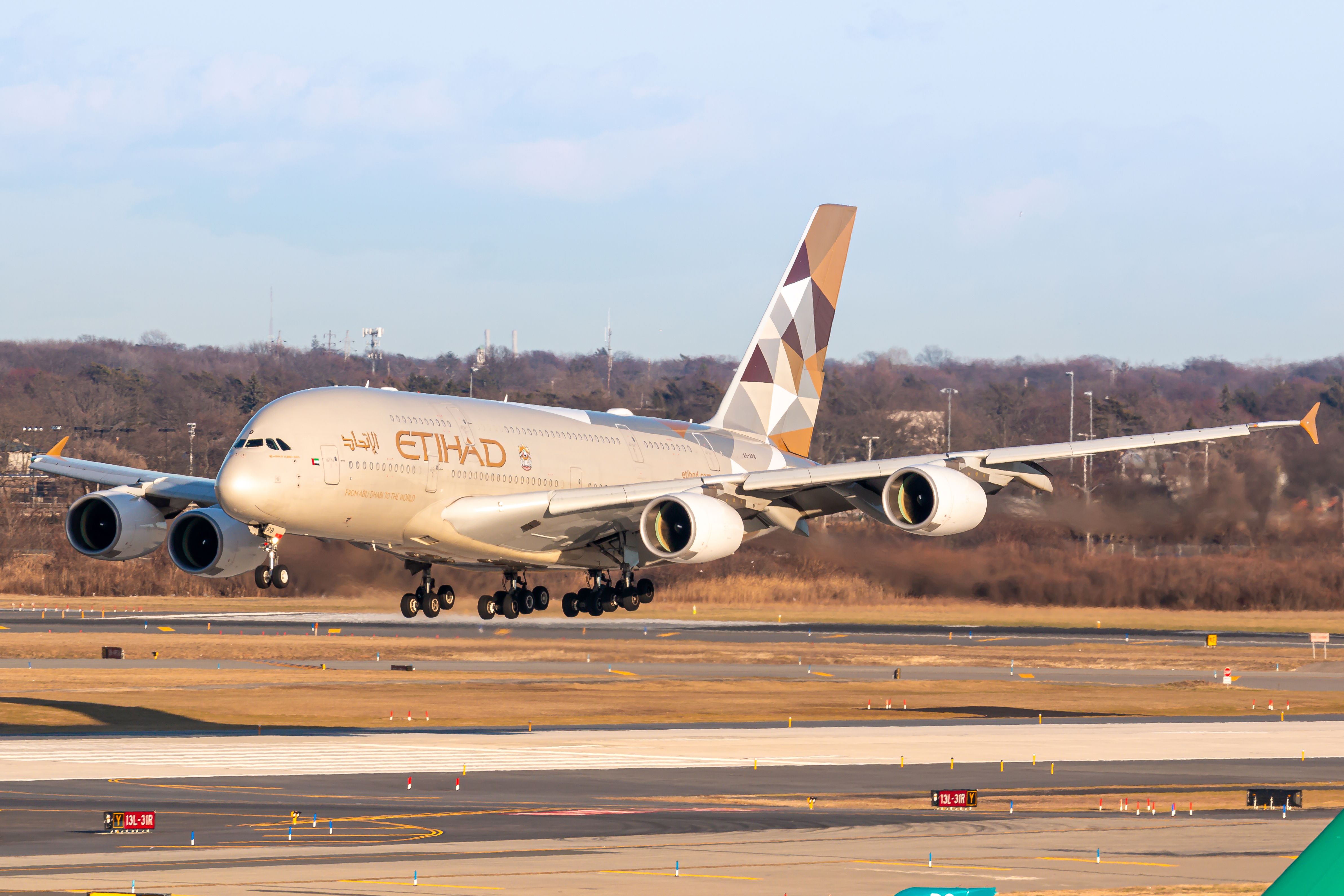 An Etihad Airbus A380 Landing At New York JFK Airport.