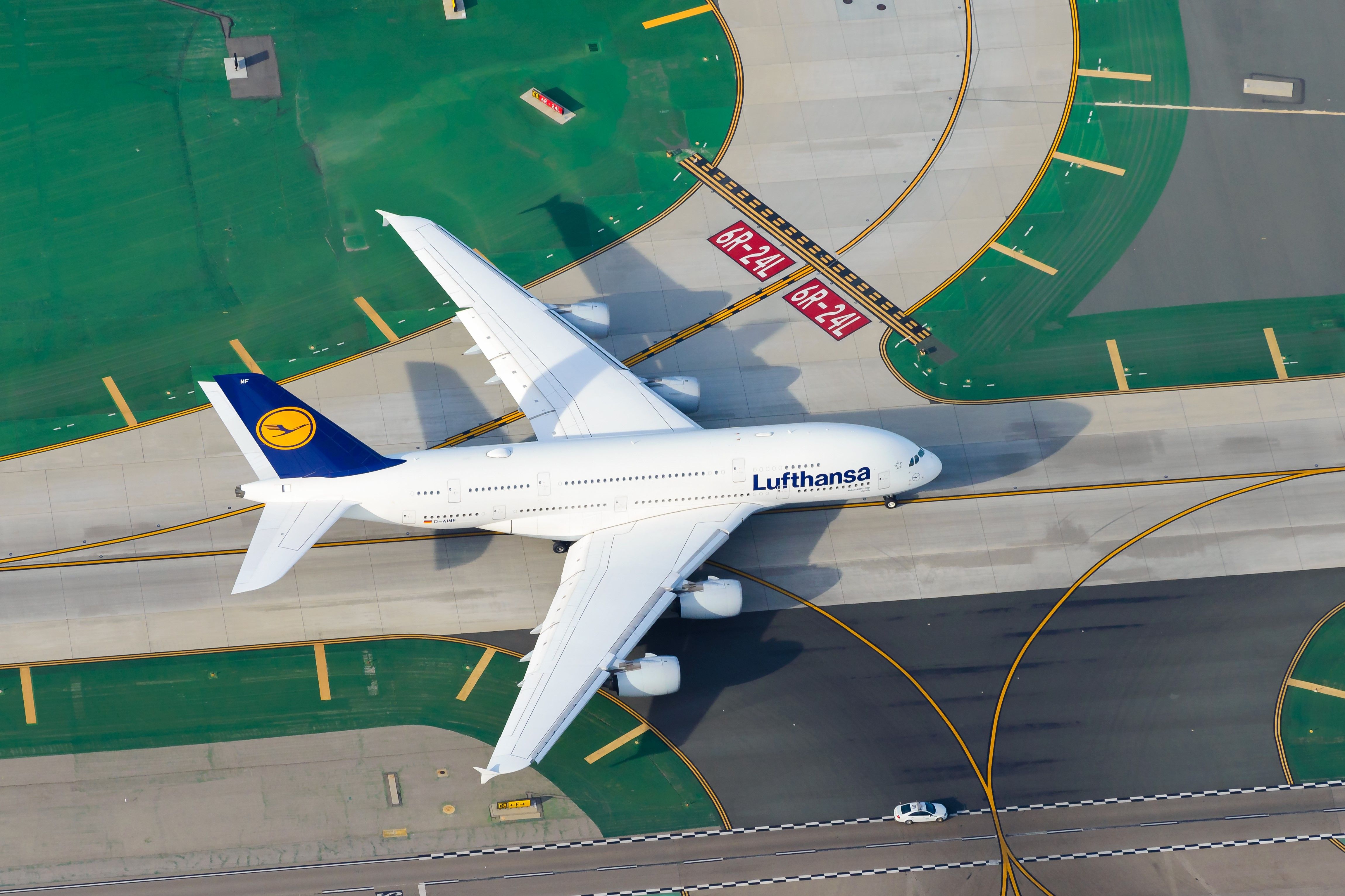 Lufthansa Airbus A380 on the runway at Los Angeles International Airport