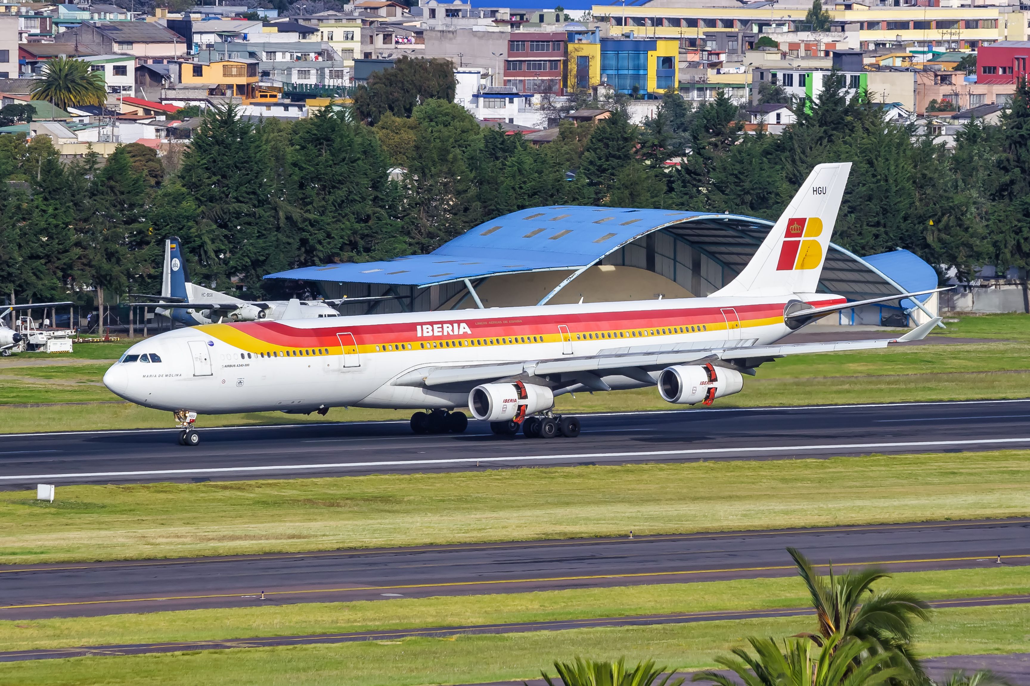 An Iberia Airbus A340 taxiing to the runway.