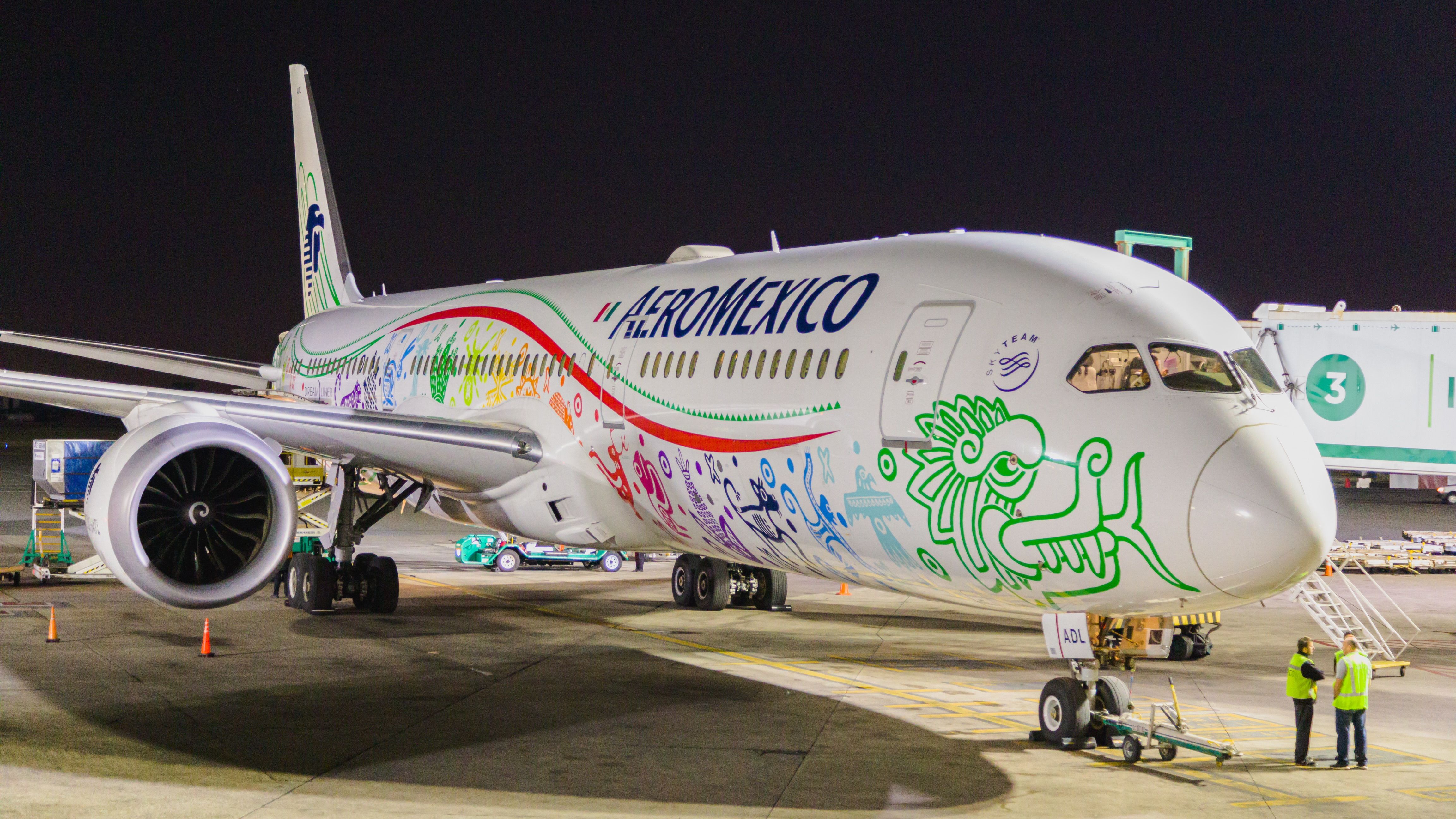 An Aeromexico Boeing 787 parked at an airport.
