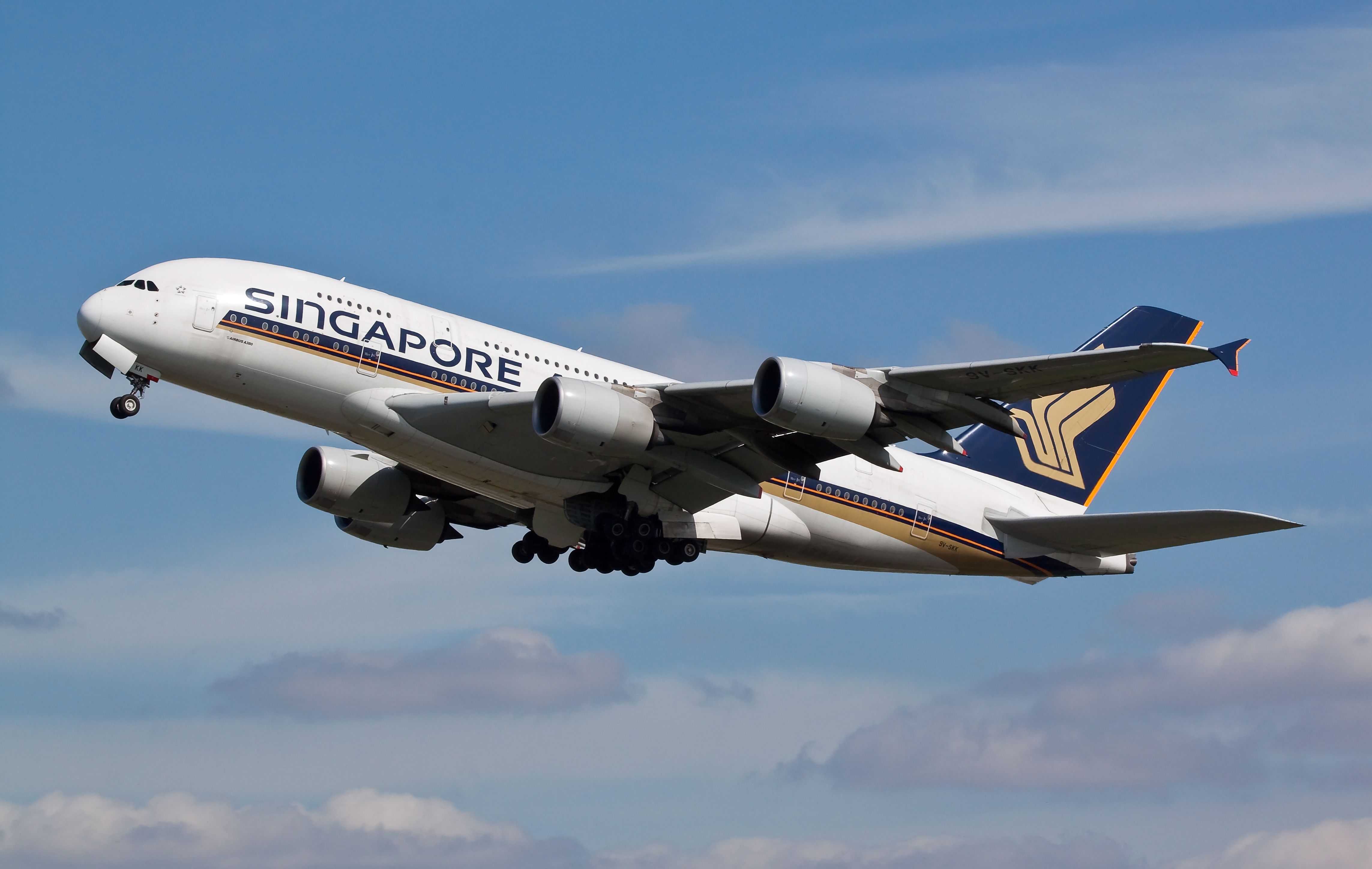 Singapore Airlines Airbus A380 taking off from London Heathrow Airport.
