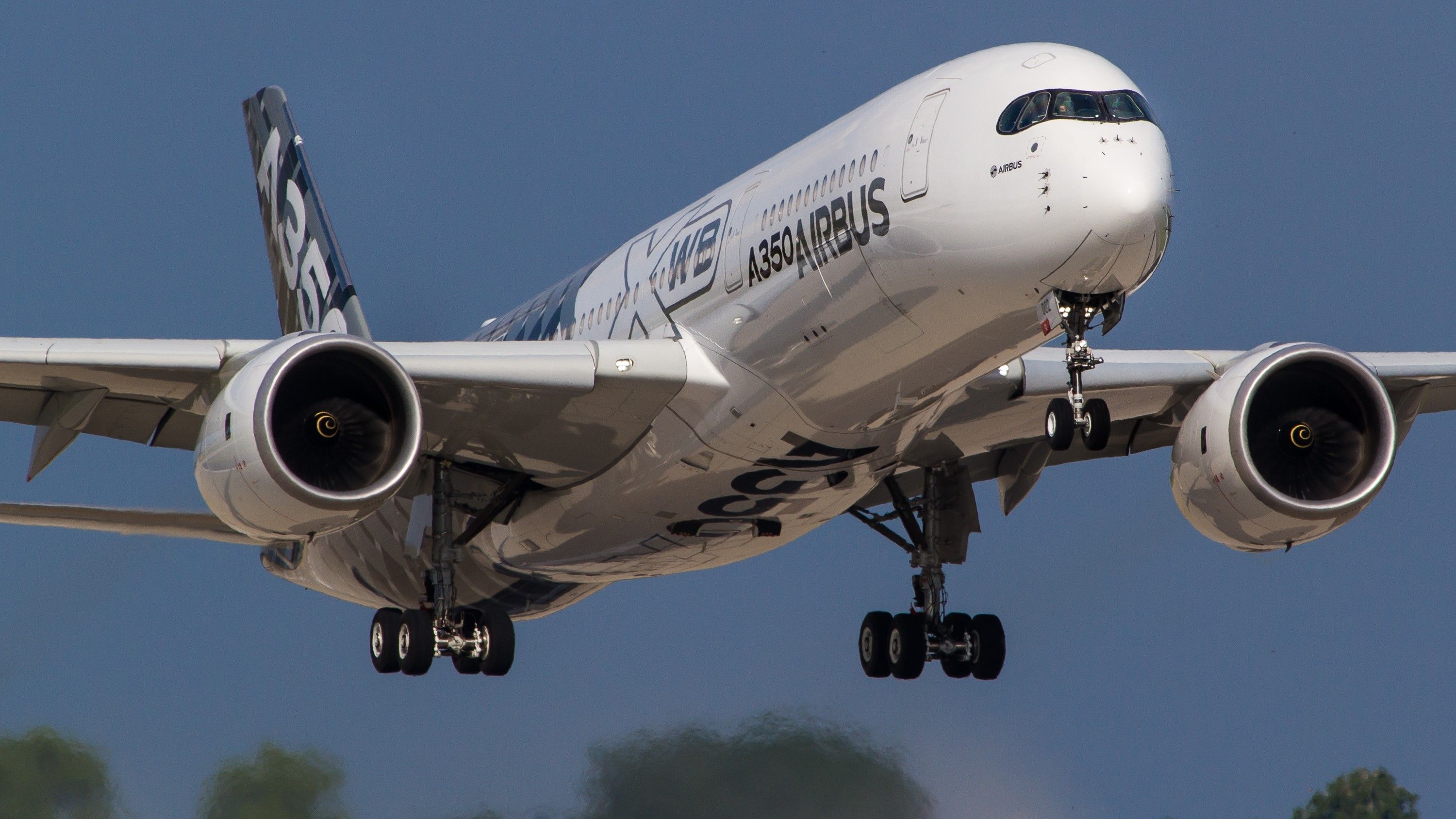 An Airbus A350 in house livery just after take off.