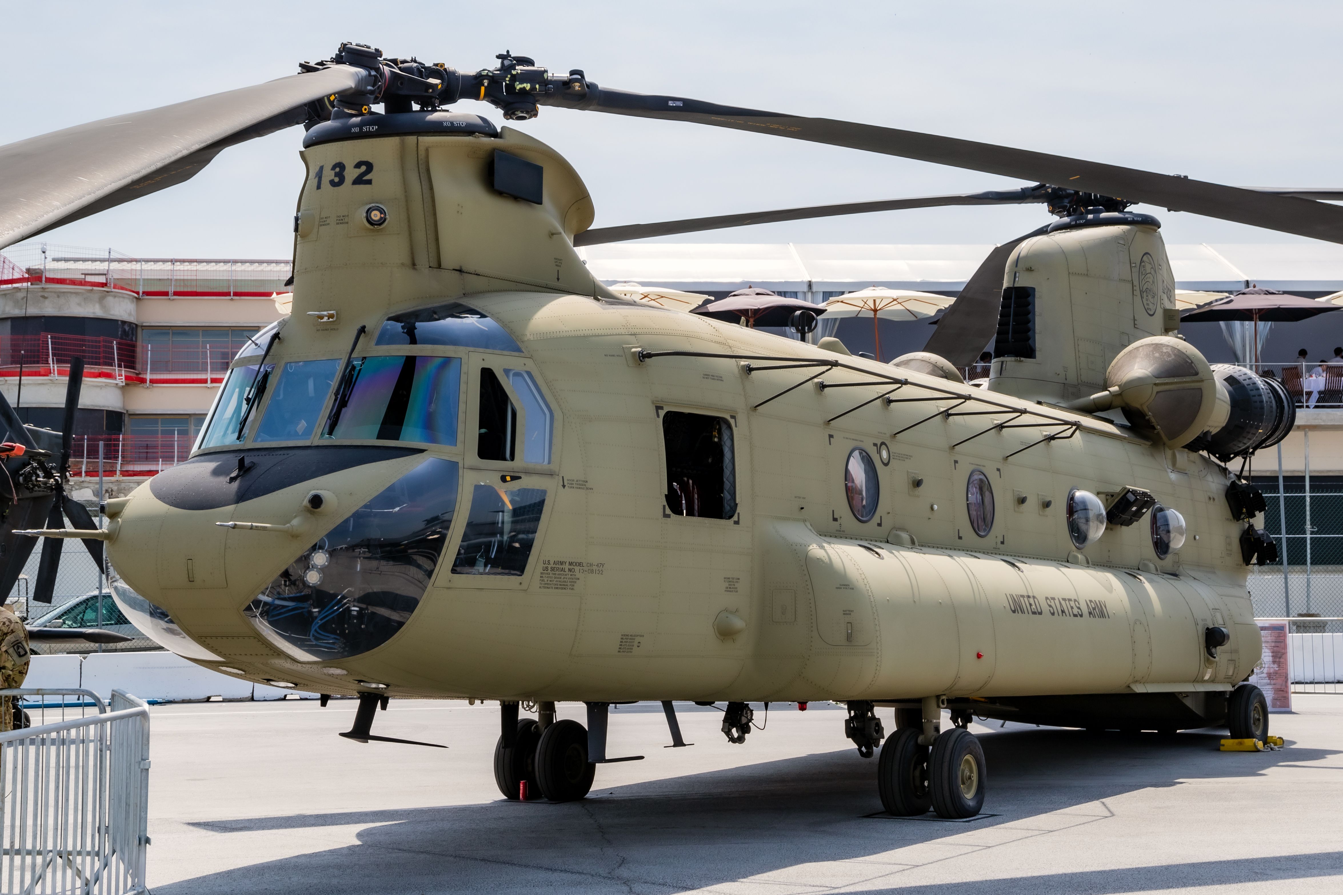 A US Army Boeing CH-47F Chinook transport helicopter at the 2017 Paris Air Show.
