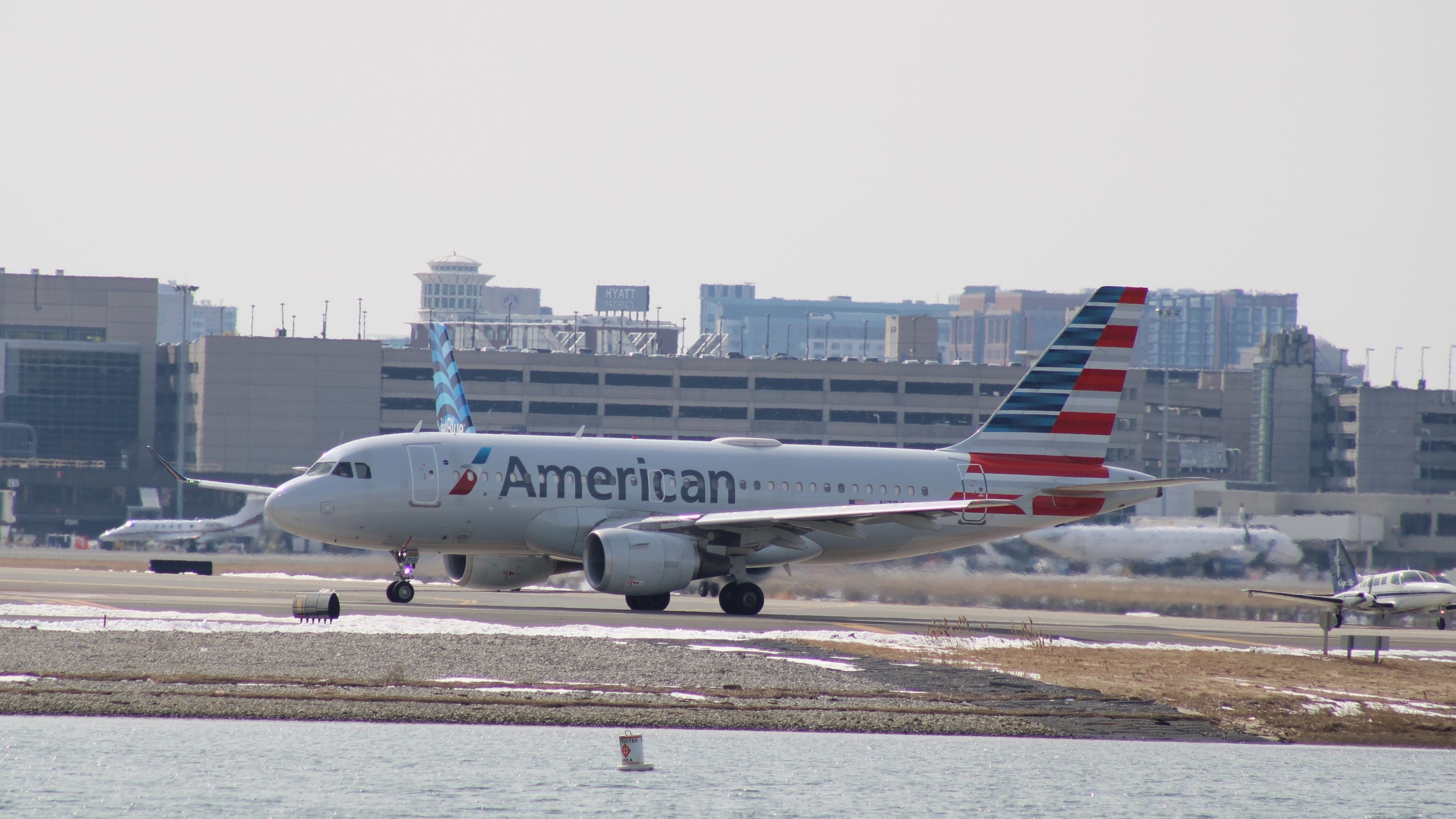 An American Airlines Airbus A319 on the apron at Boston Logan International Airport. 