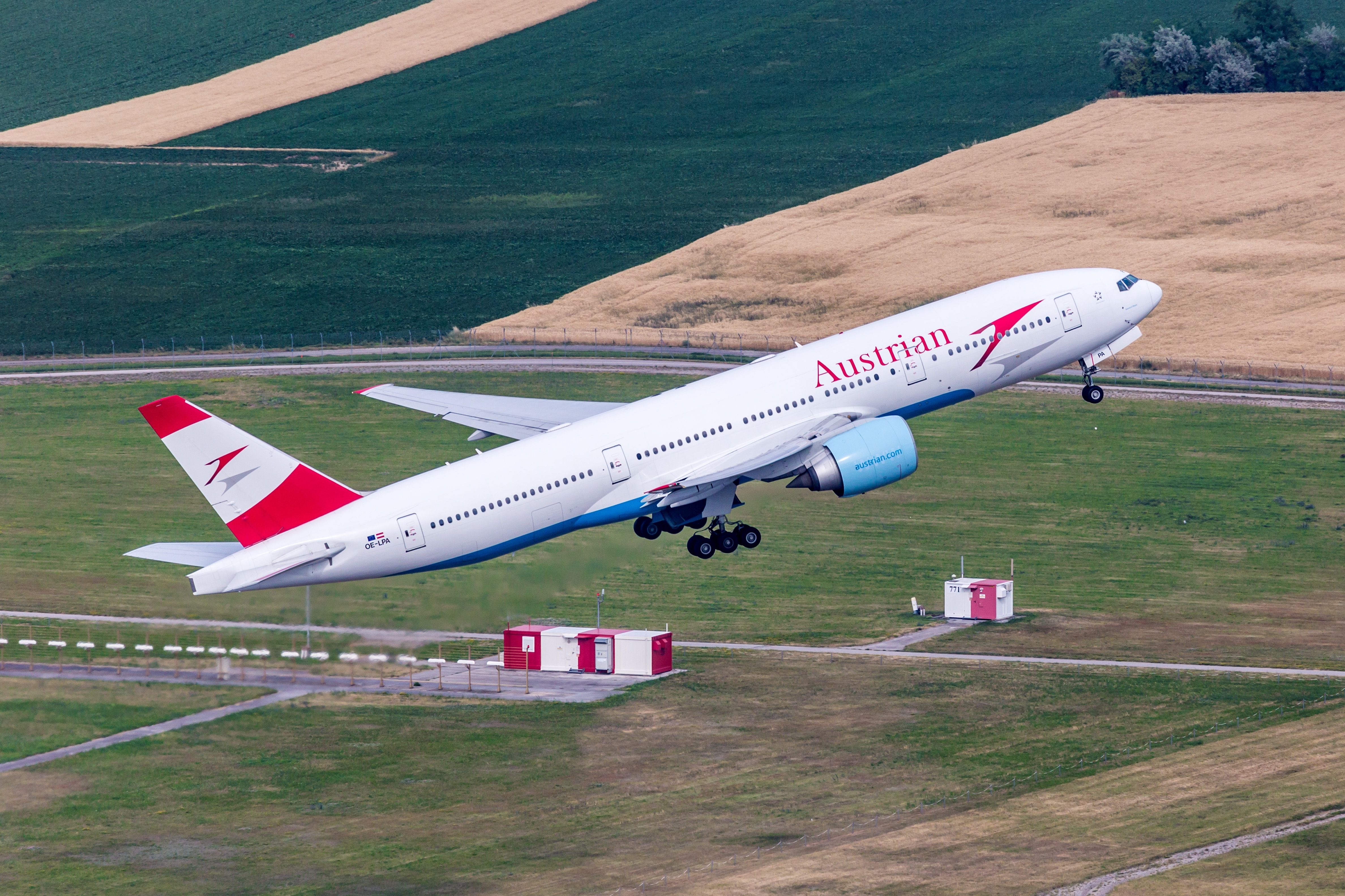 Austria, Vienna - 28. June 2017: Austrian Airlines Boeing 777 airplane at Vienna airport (VIE) in Austria.