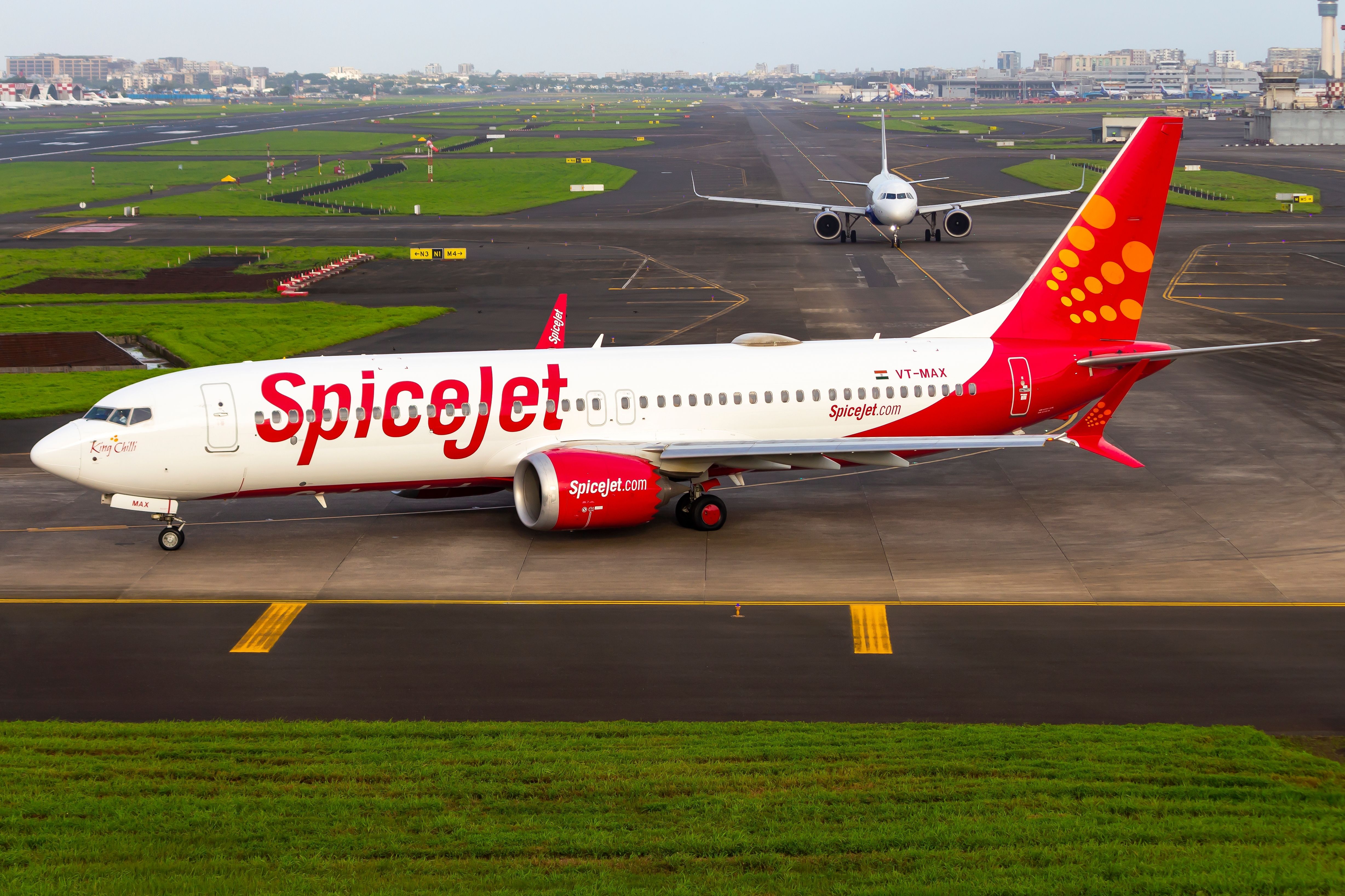 A SpiceJet Boeing 737 MAX 8 taxiing to the runway.