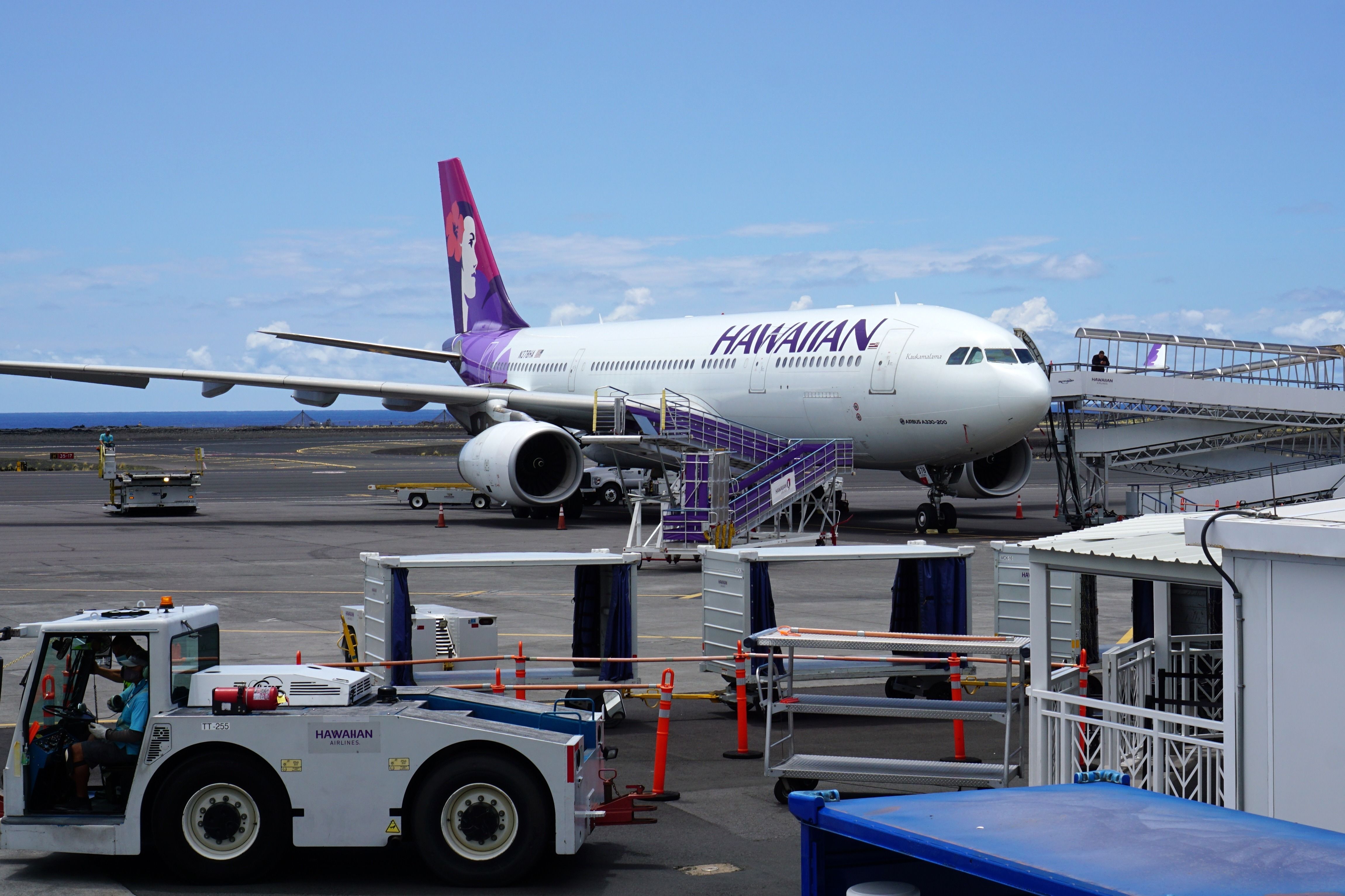 Hawaiian Airlines A330-200 pulling into the gate at Kona International Airport.