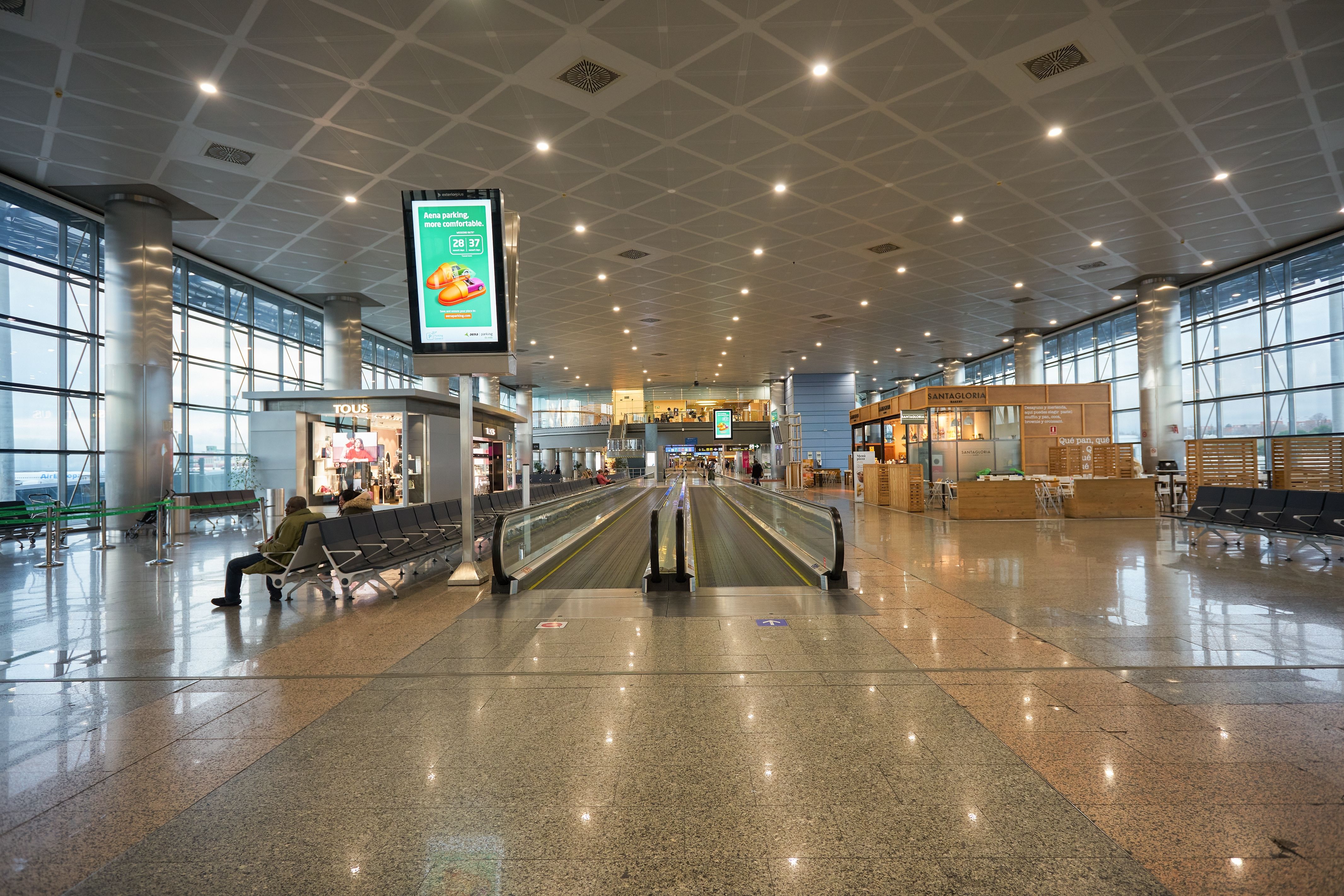 Inside Madrid airport's main terminal building.