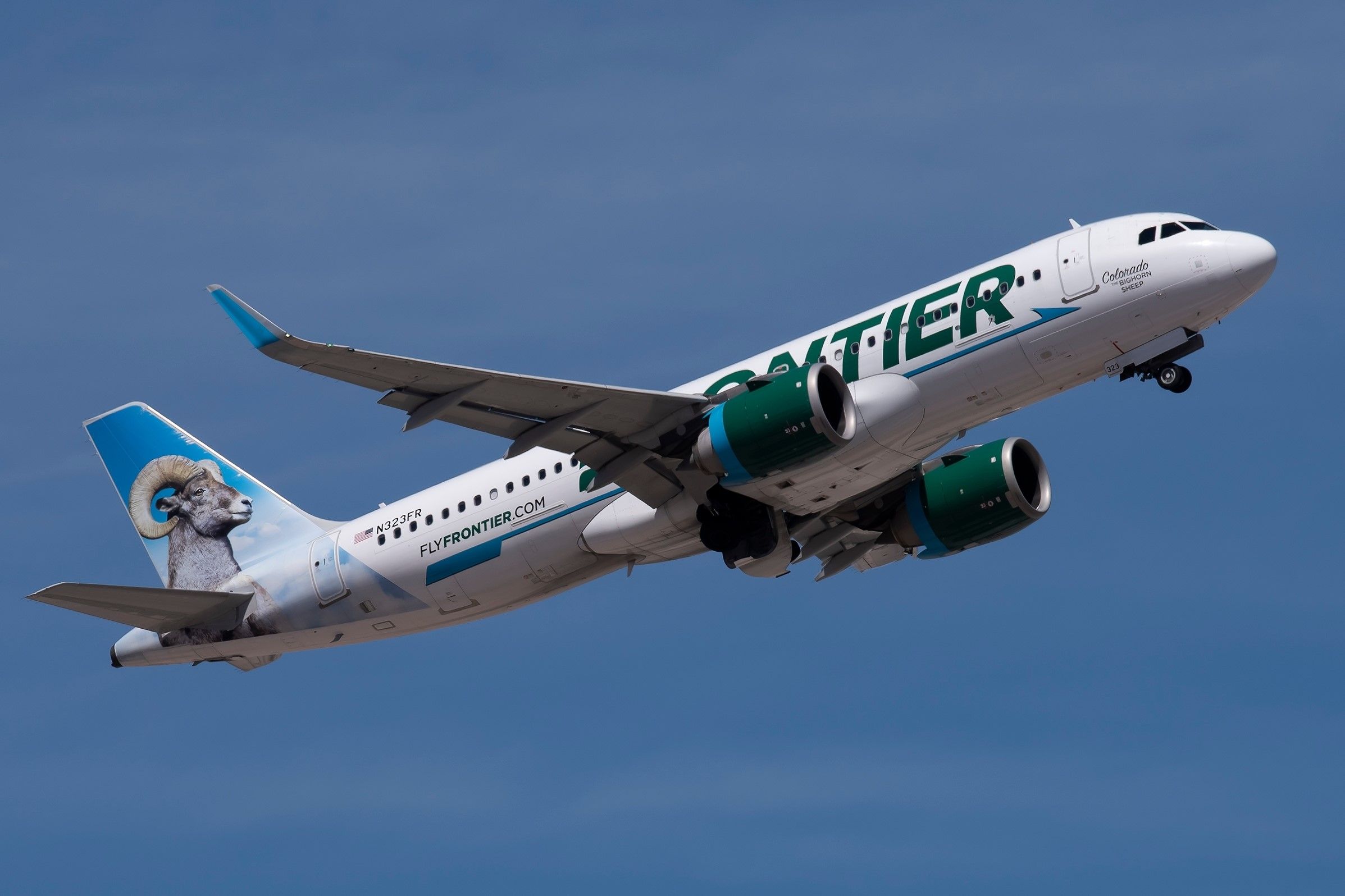 A Frontier Airlines Airbus A320neo Flying in the sky.