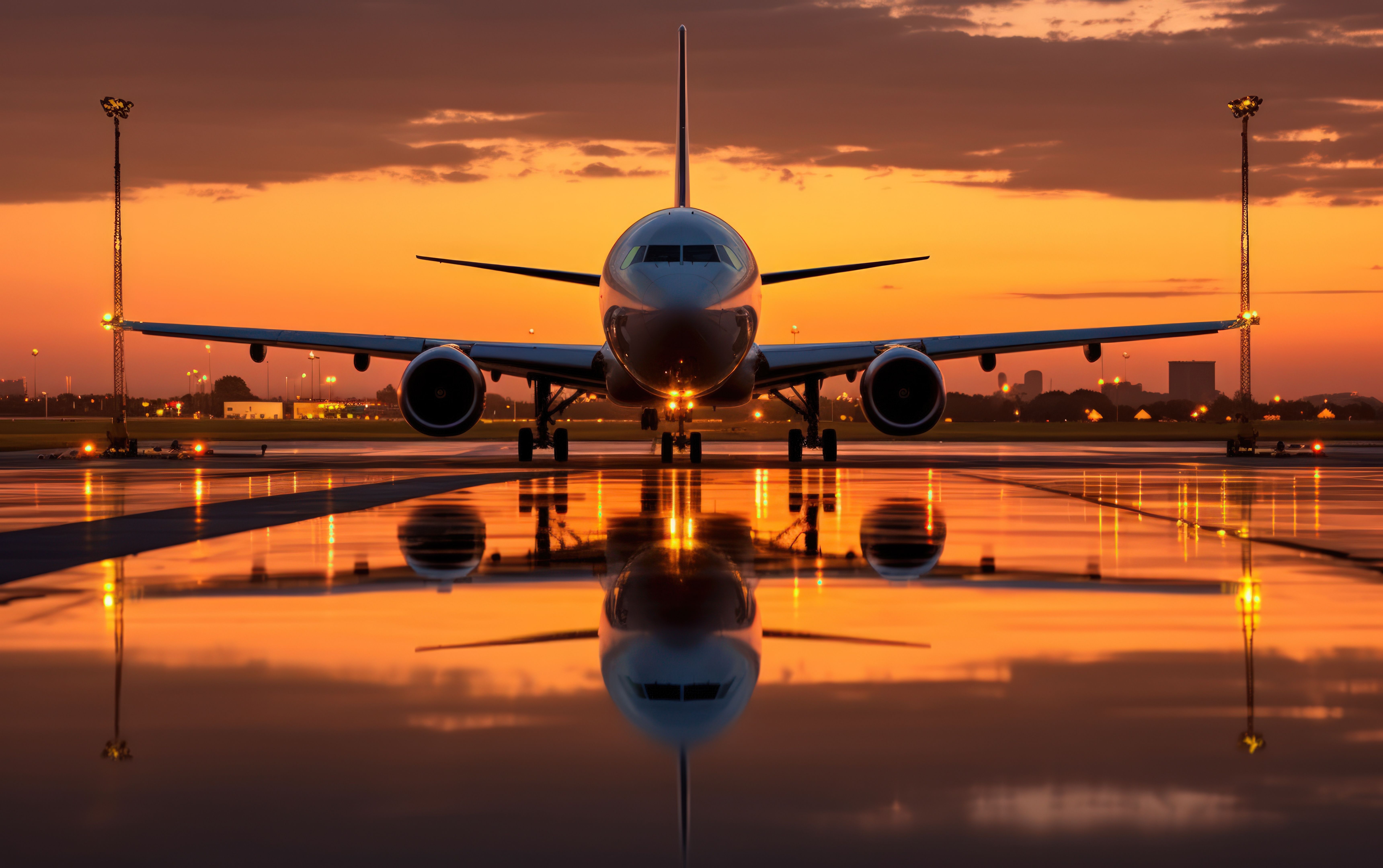 Airport and airplanes. Runway. Evening warm sunlight.