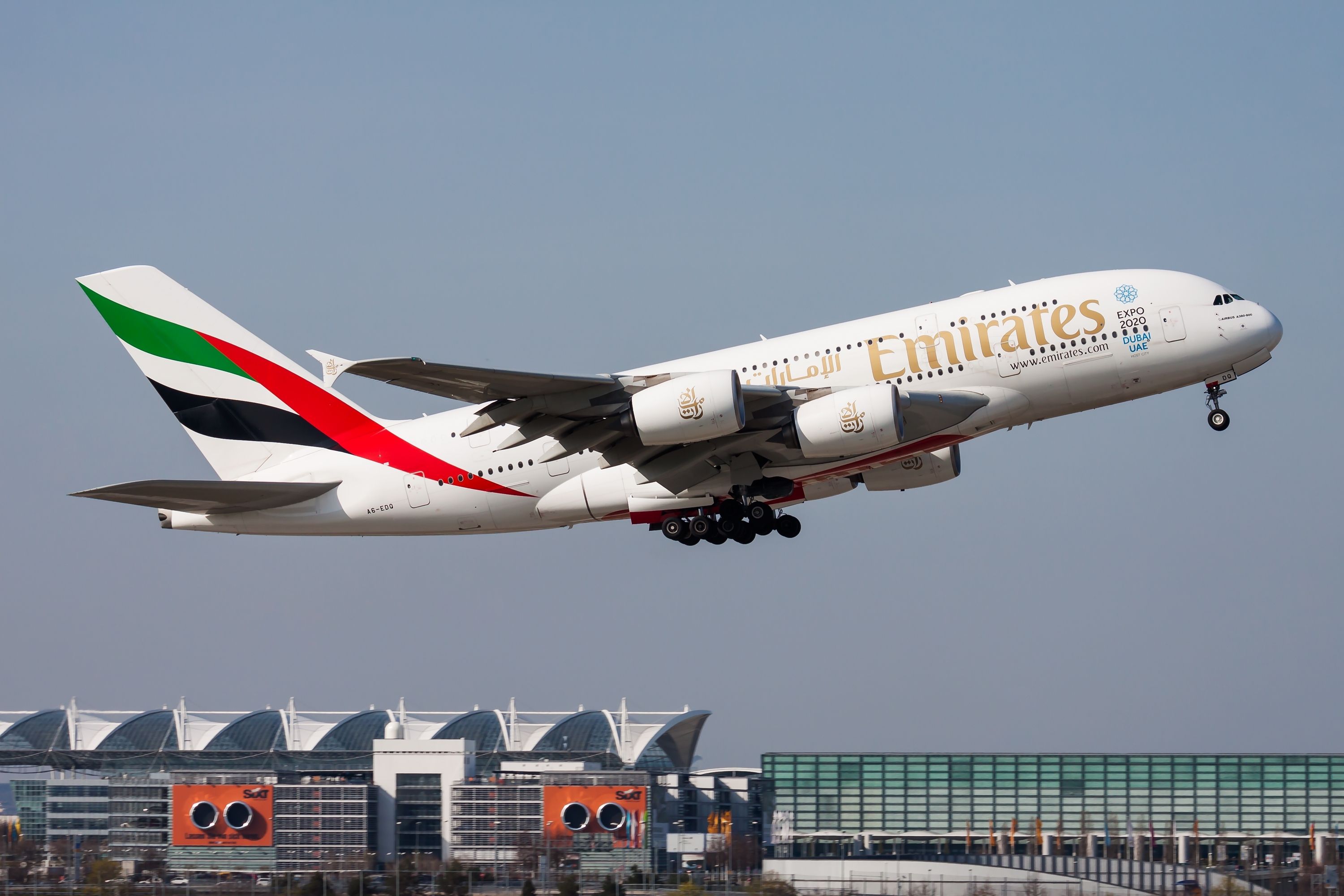 An Emirates Airbus A380 taking off from Munich Airport.