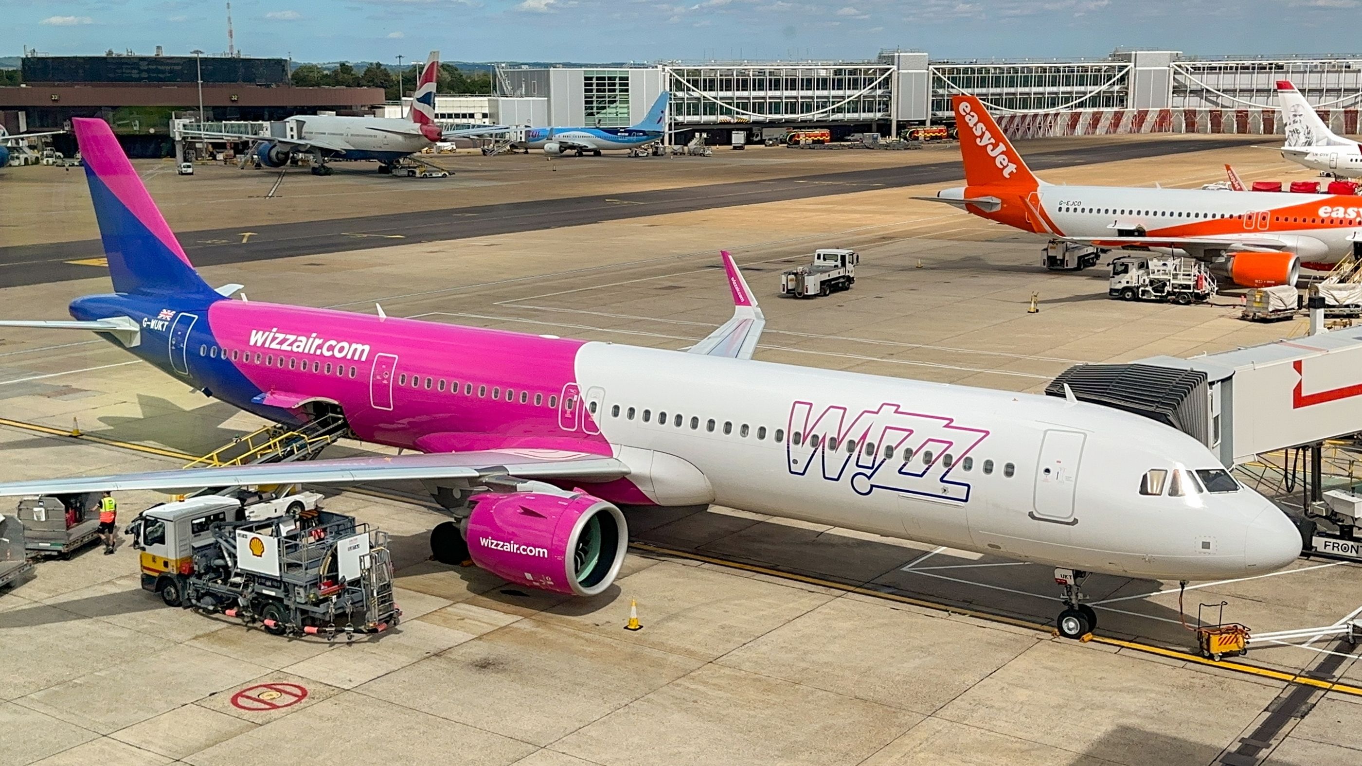 A Wizz Air A321 parked at London Gatwick Airport.