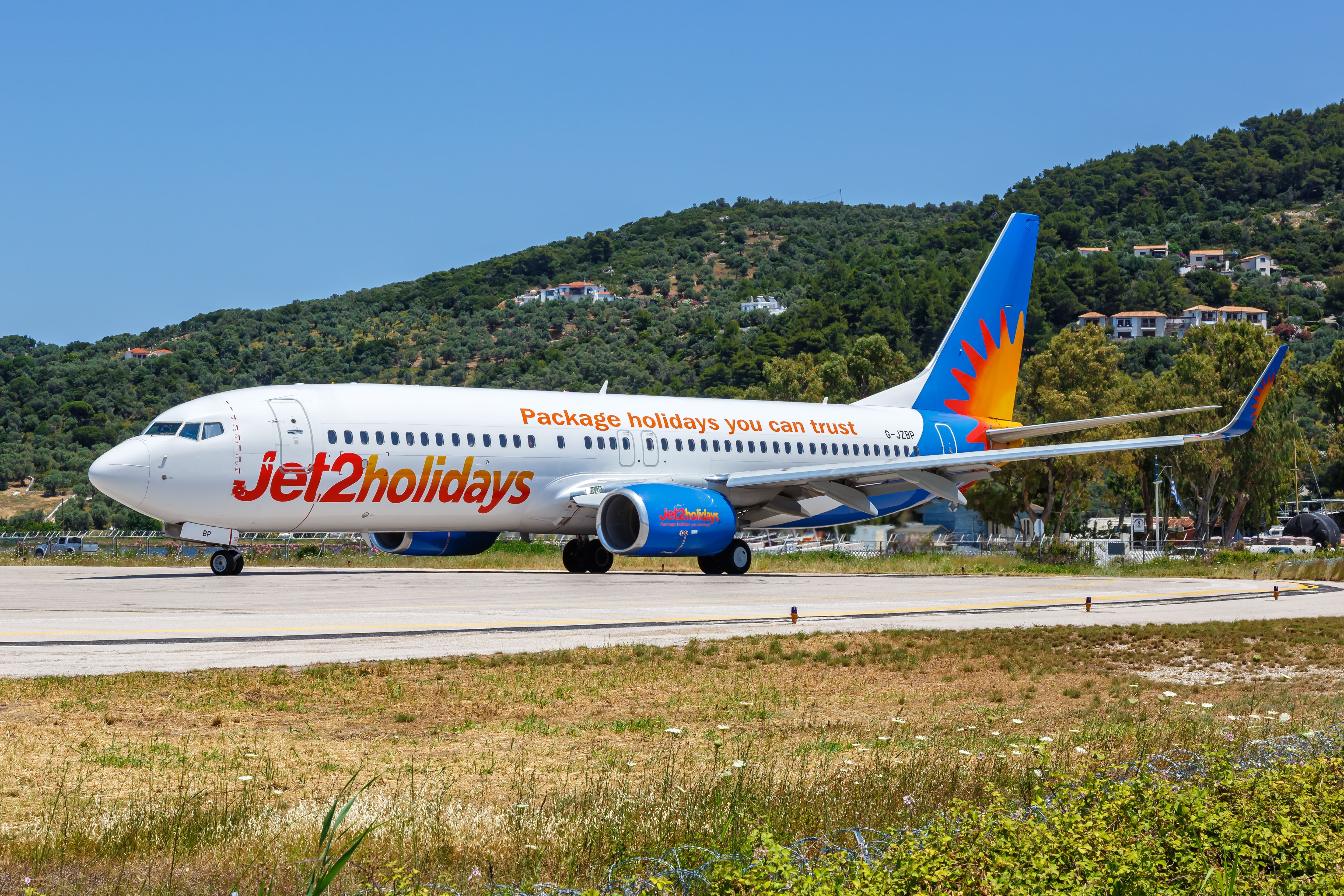 A Jet2 Boeing 737 on the runway In Skiathos.