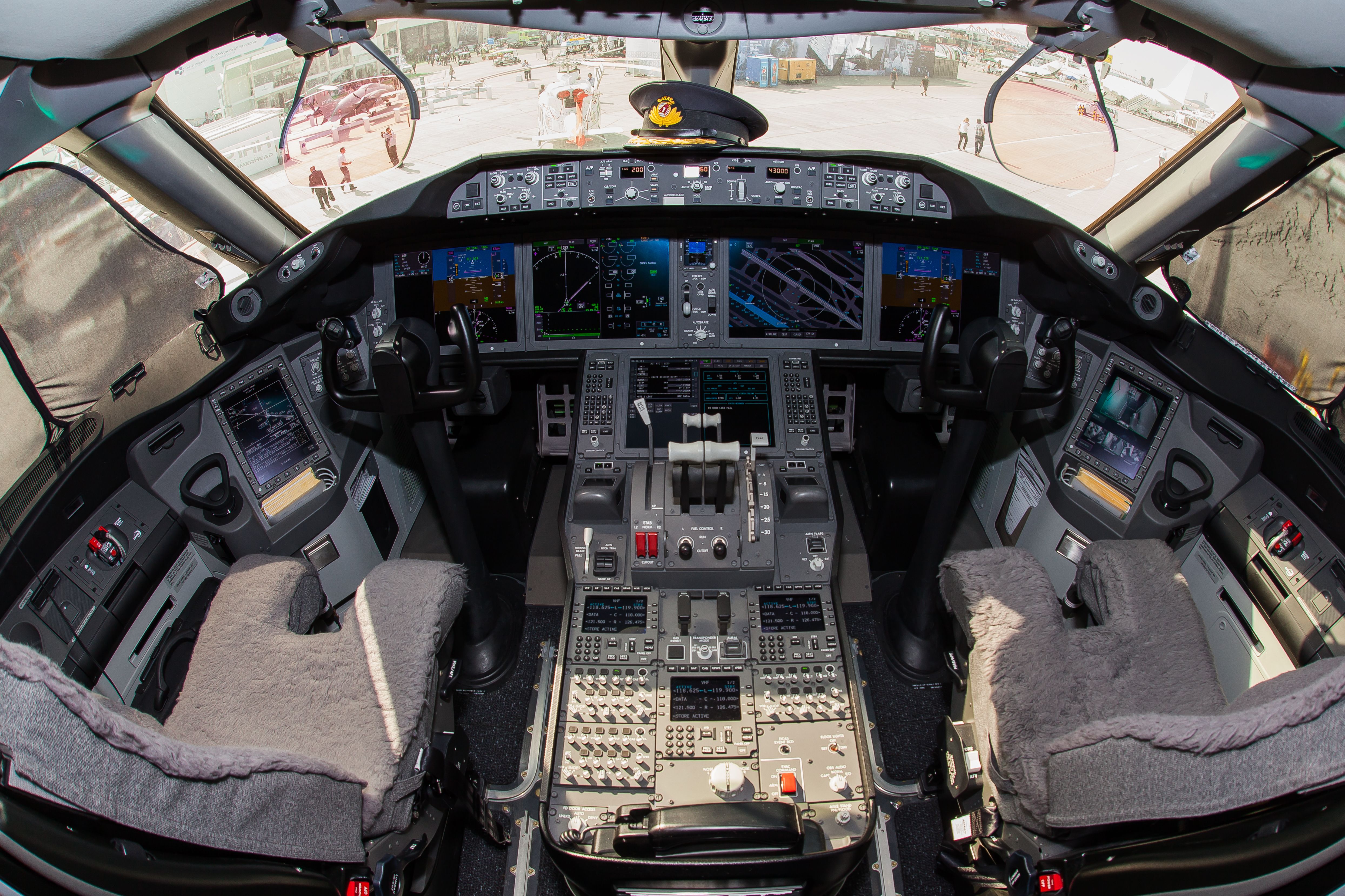 Inside the cockpit of a Boeing 787.