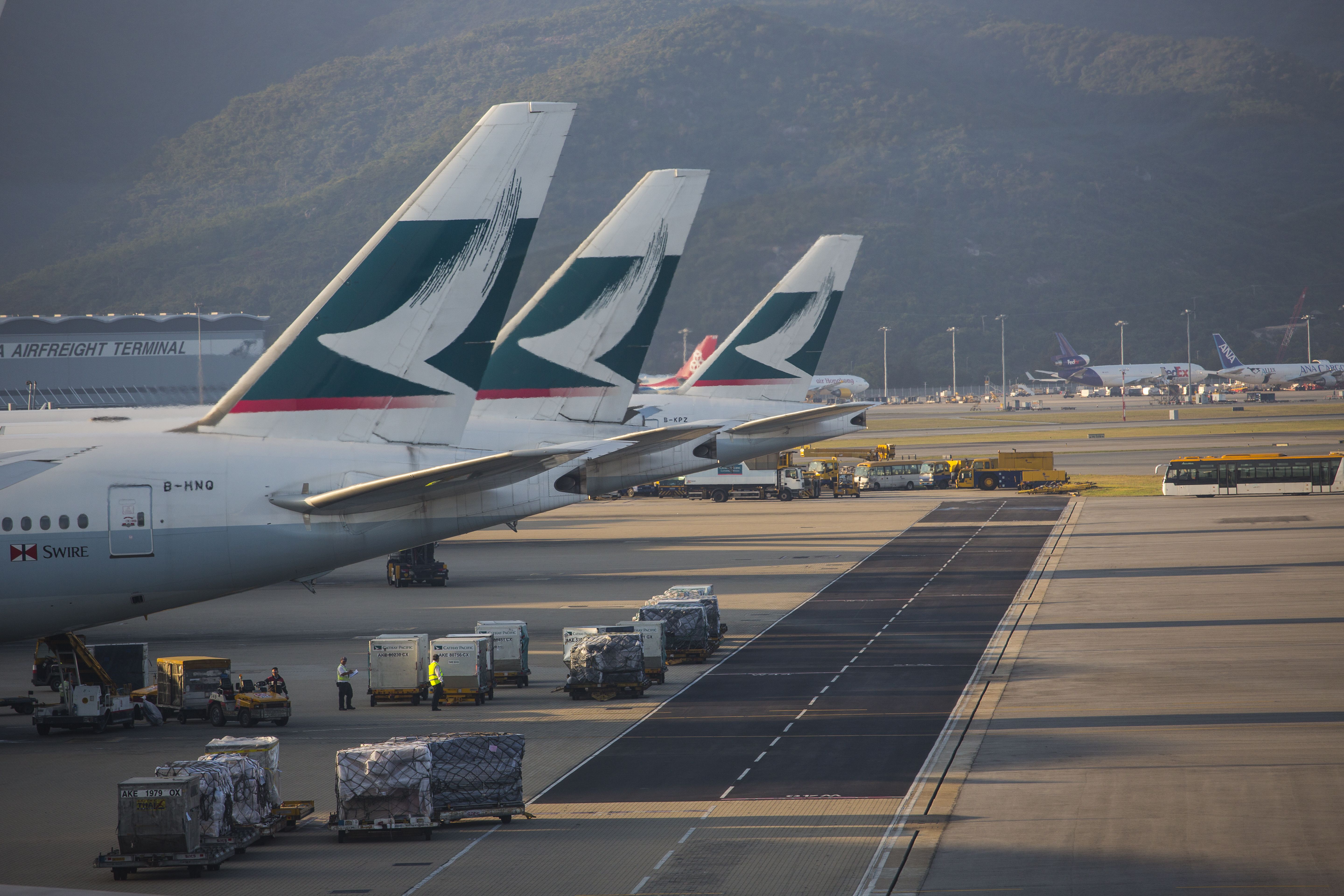 Cathay Pacific aircraft on the tarmac at Hong Kong Airport