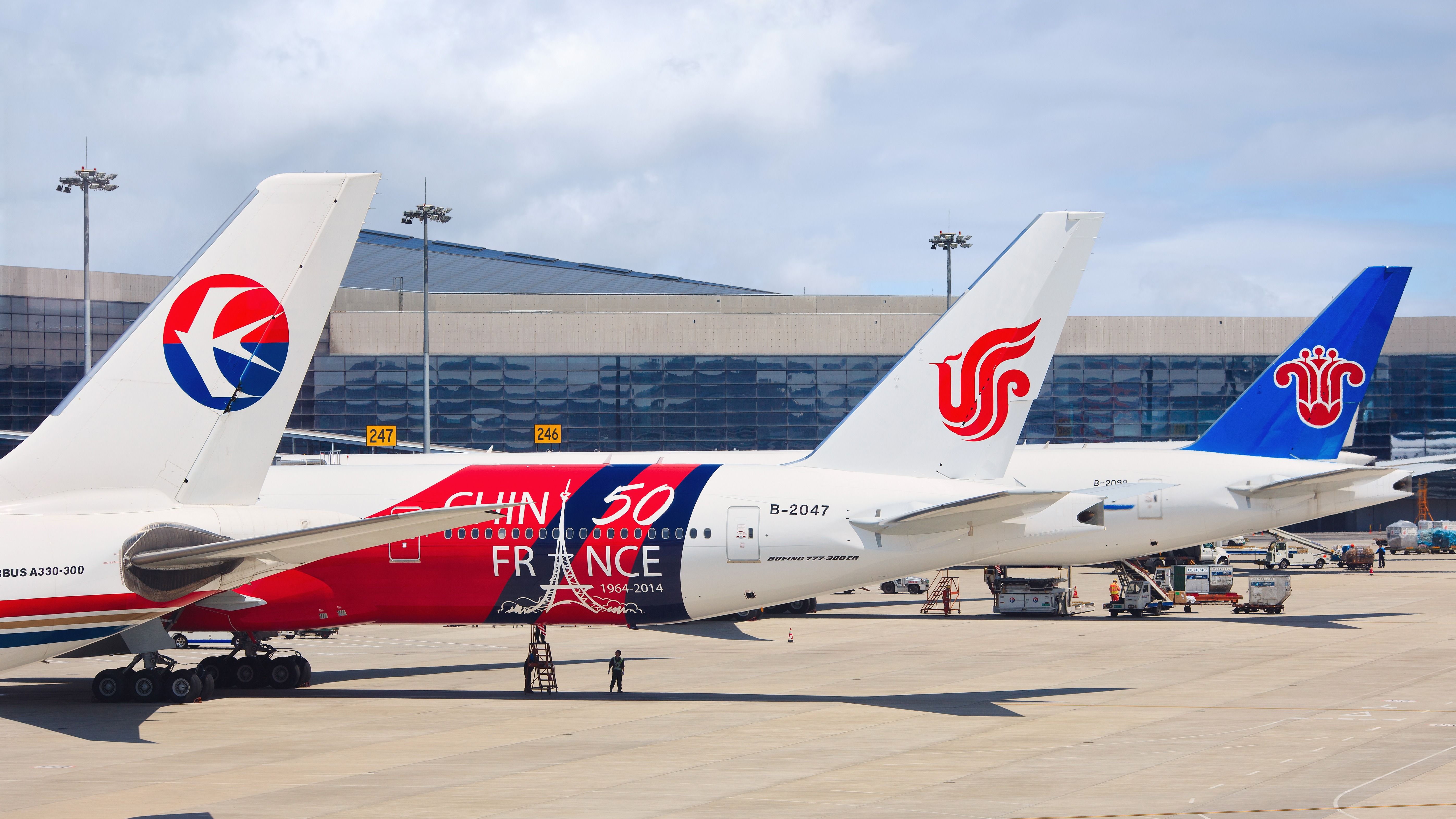 Airplanes from China Eastern, Air China and China Southern Airlines at Hongqiao Airport.