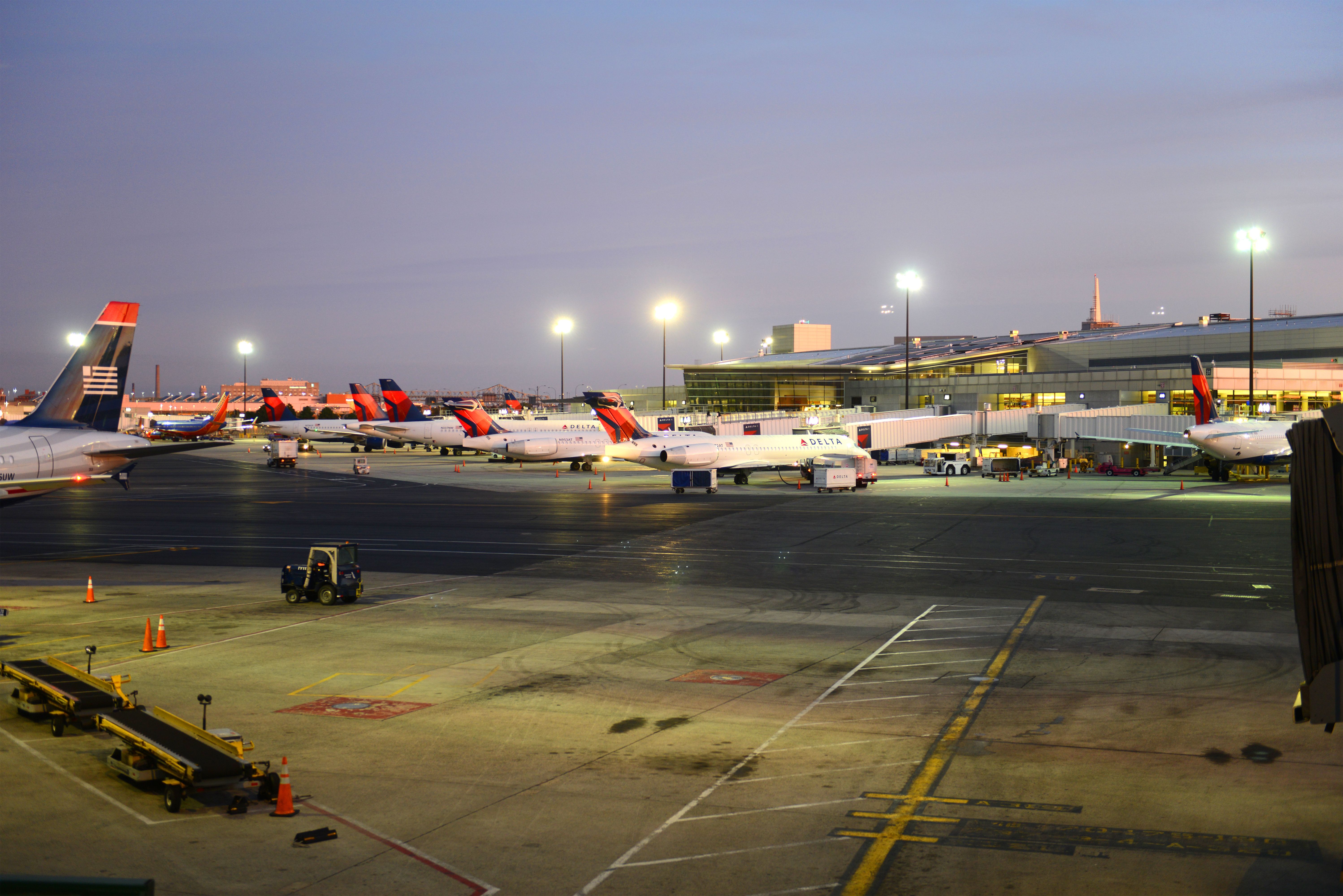 Several Delta Air Lines aircraft at Boston Logan International airport.