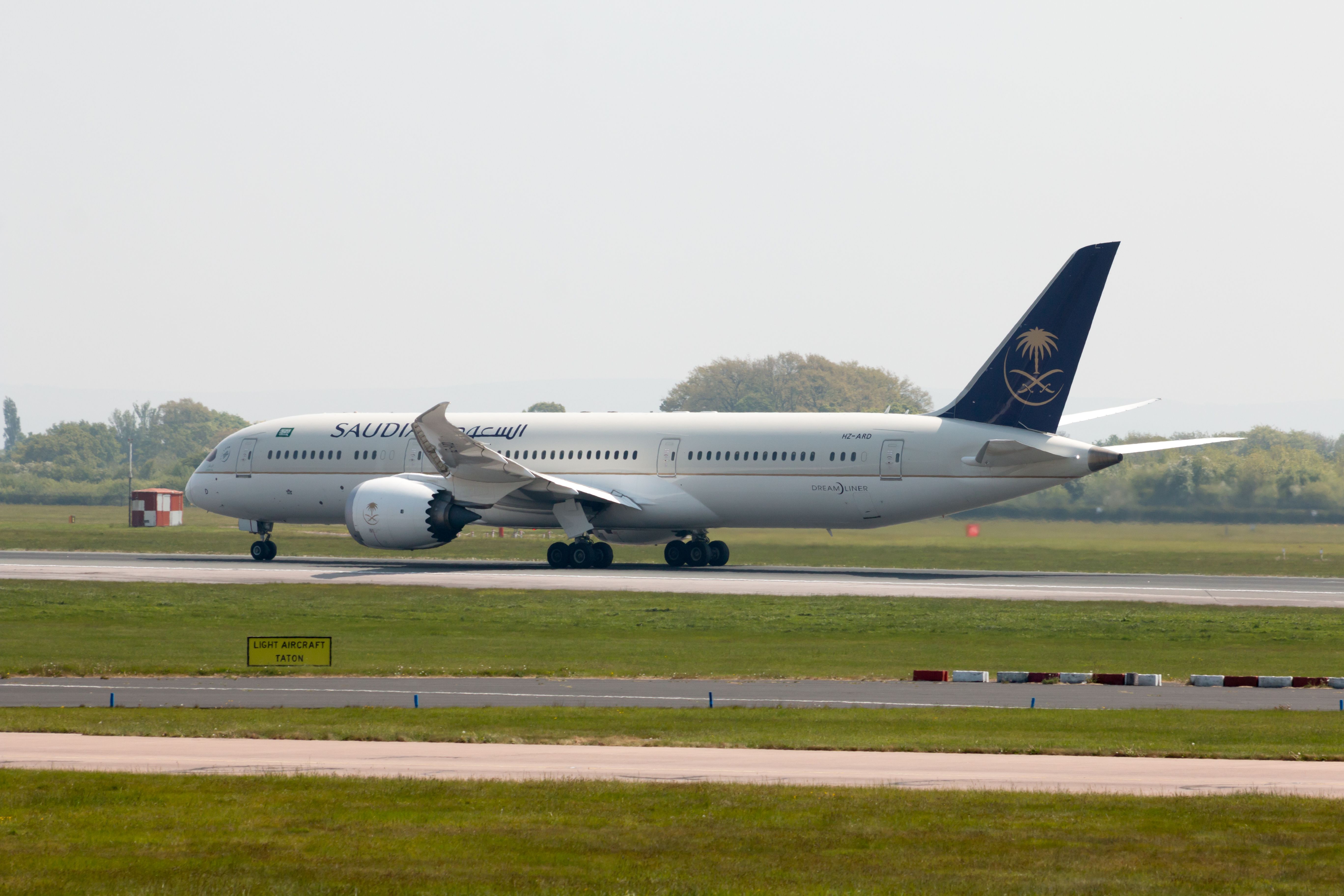 Saudia Boeing 787-9 Dreamliner taking off from Manchester International Airport.