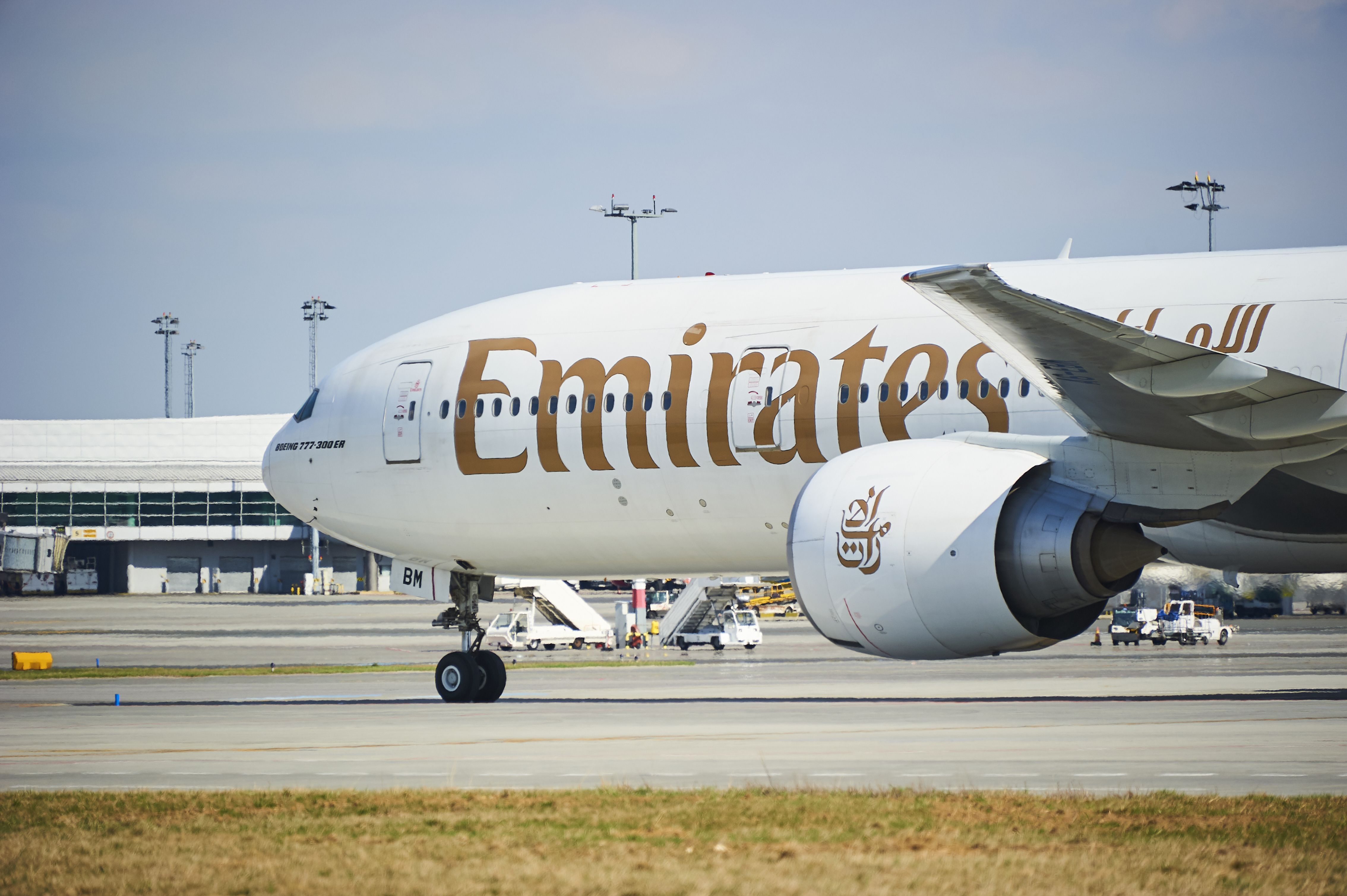 Emirates Boeing 777 on the runway at Prague Vaclav Havel International Airport