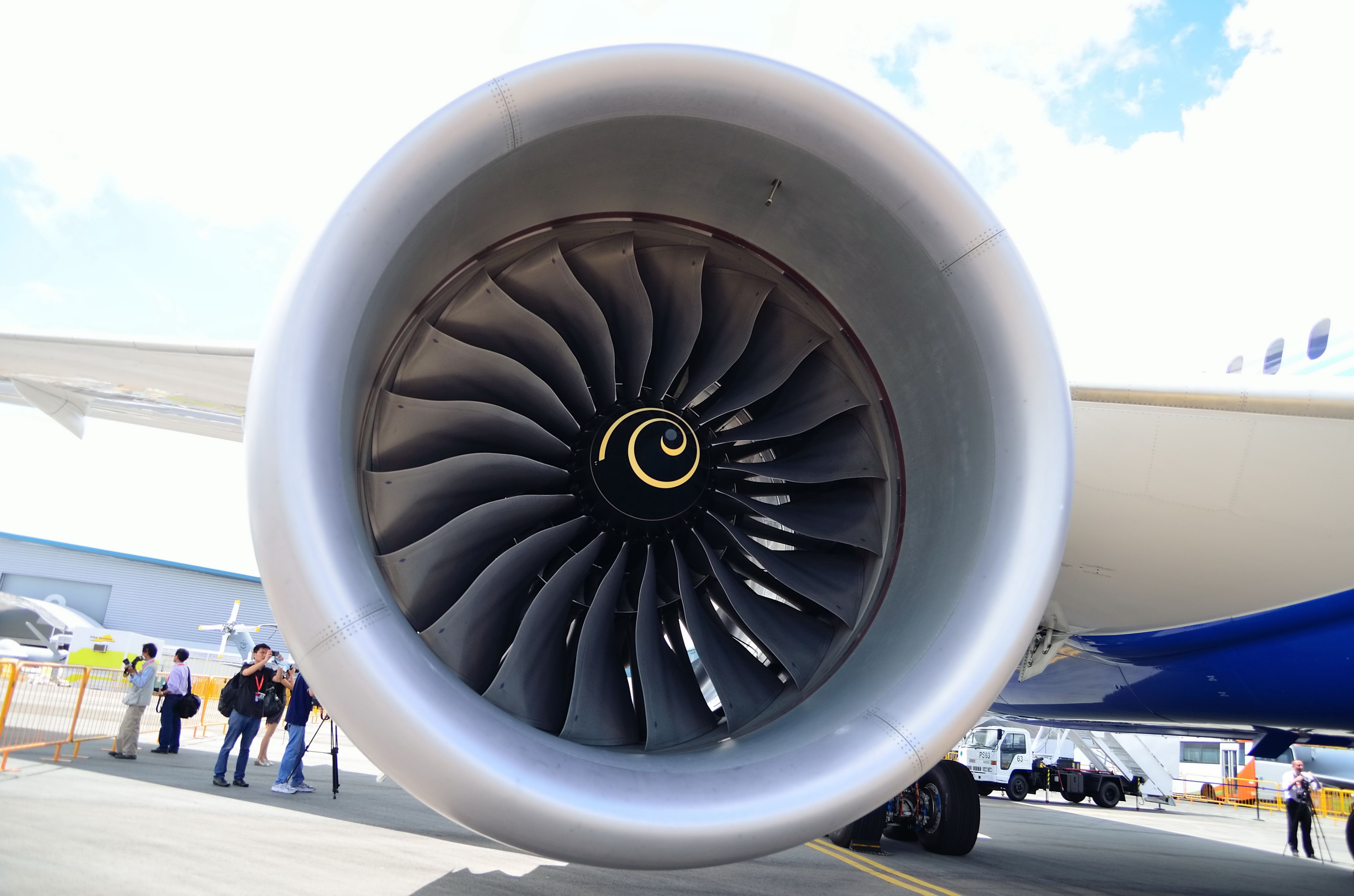A Front view of the intake fan of the Boeing 787 Dreamliner's Rolls Royce Trent 1000 engine.