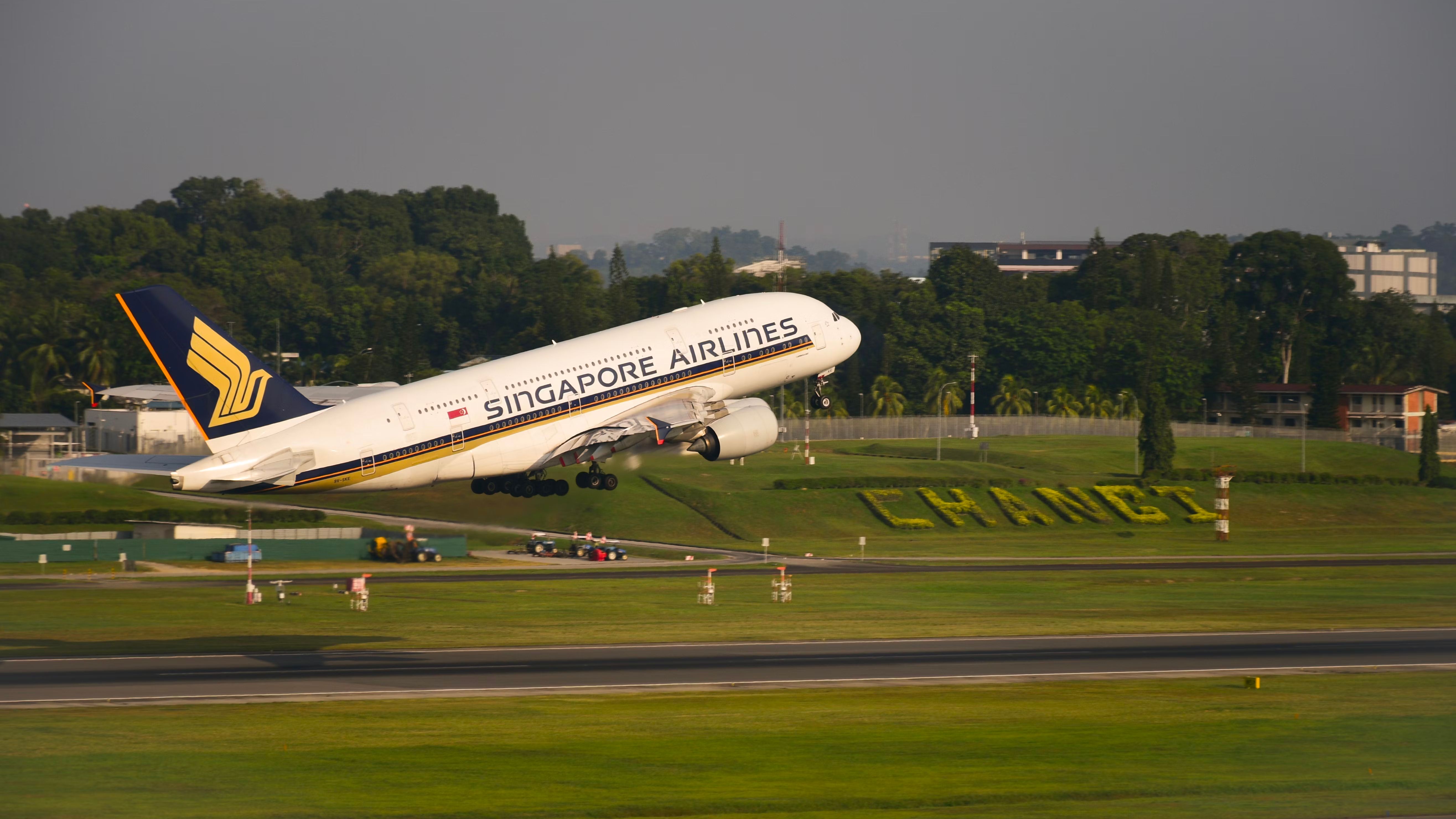 Singapore Changi Airport SIA A380 taking off 