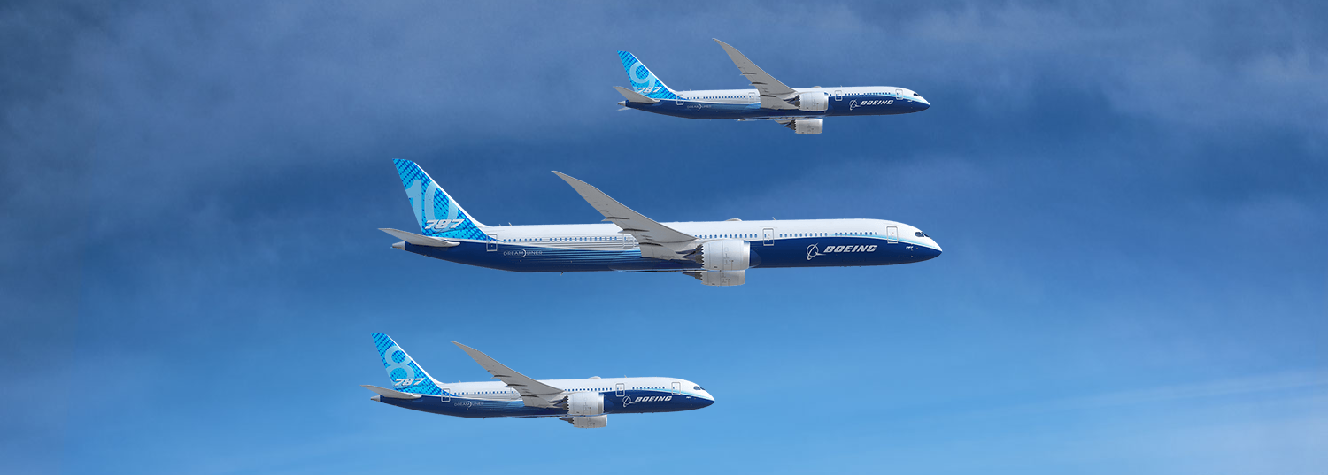 The Boeing 787 dash 8, dash 9, and dash 10 flying in formation.