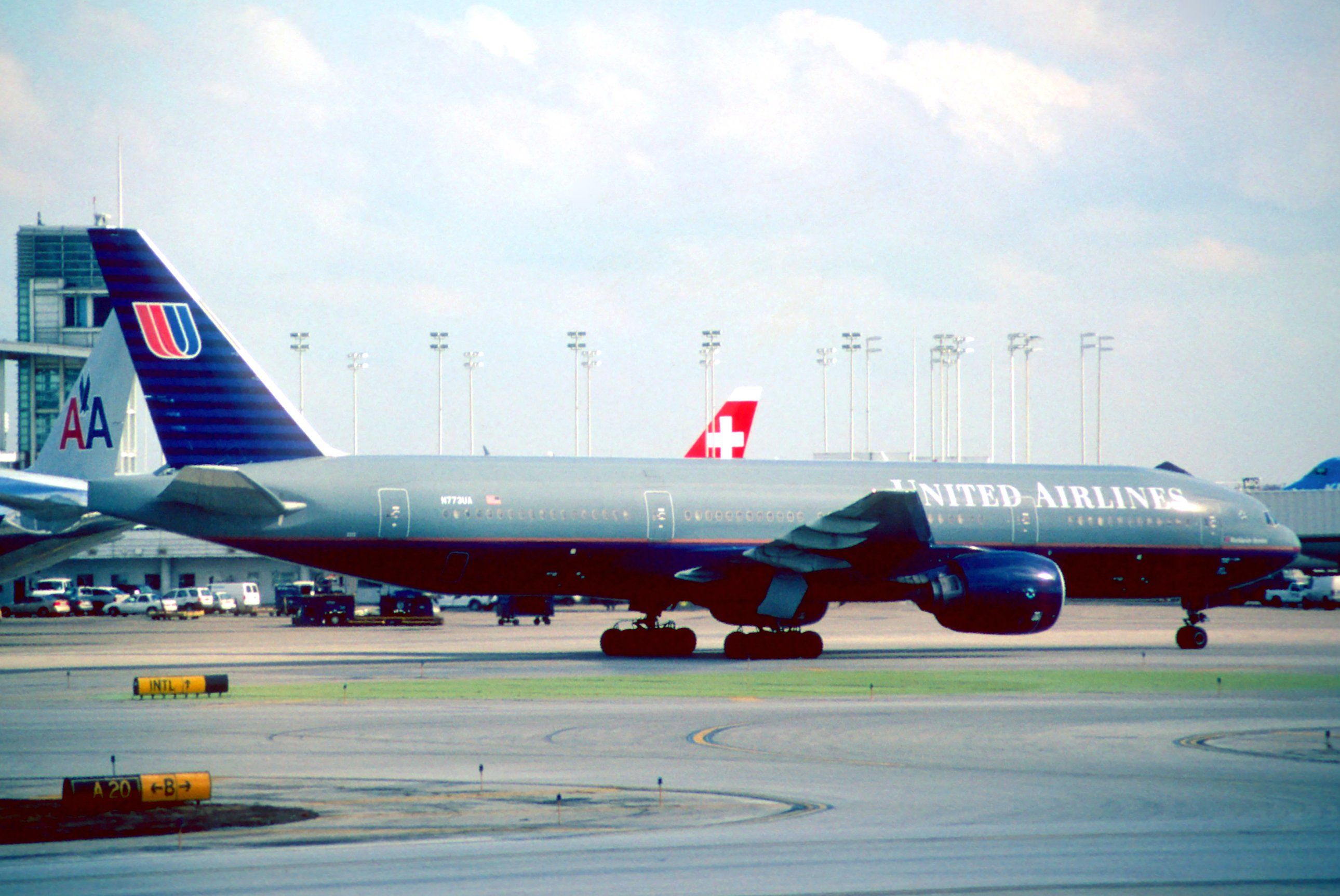 A United Airlines Boeing 777 taxiing to the runway.