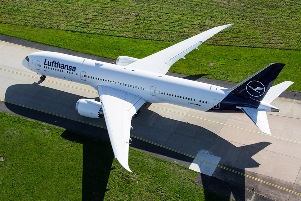 A Lufthansa Boeing 787-9 taxiing to the runway.