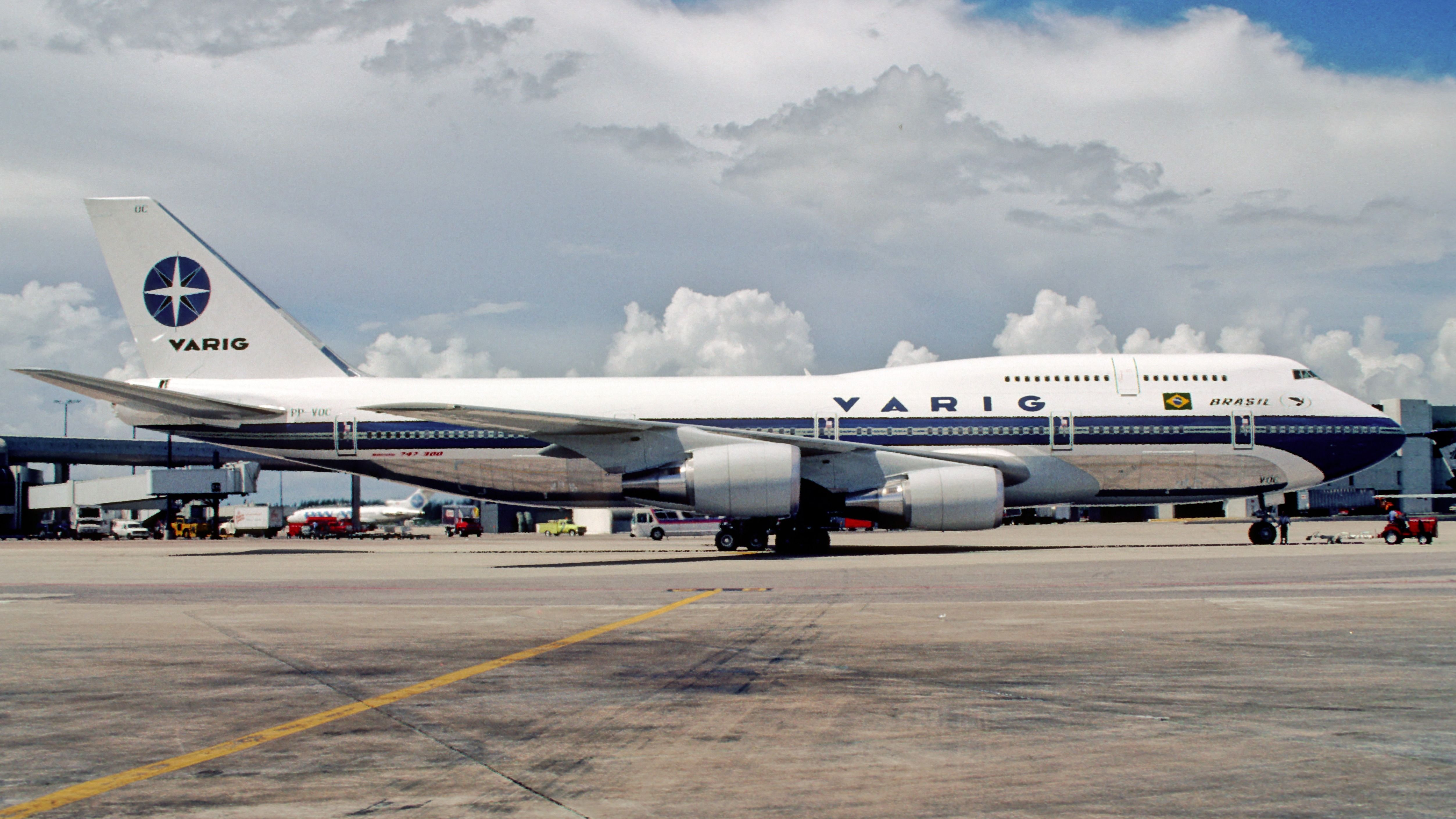 A Varig Boeing 747 being pushed back.