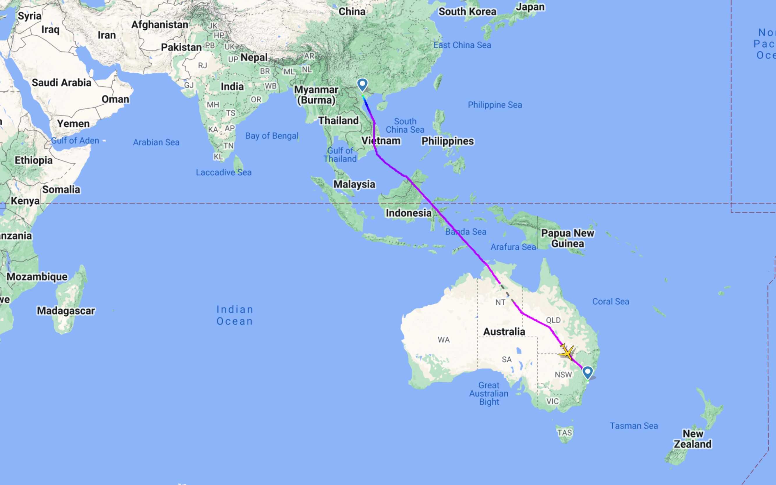 Vietnam Airlines VN787 Hanoi Sydney Map