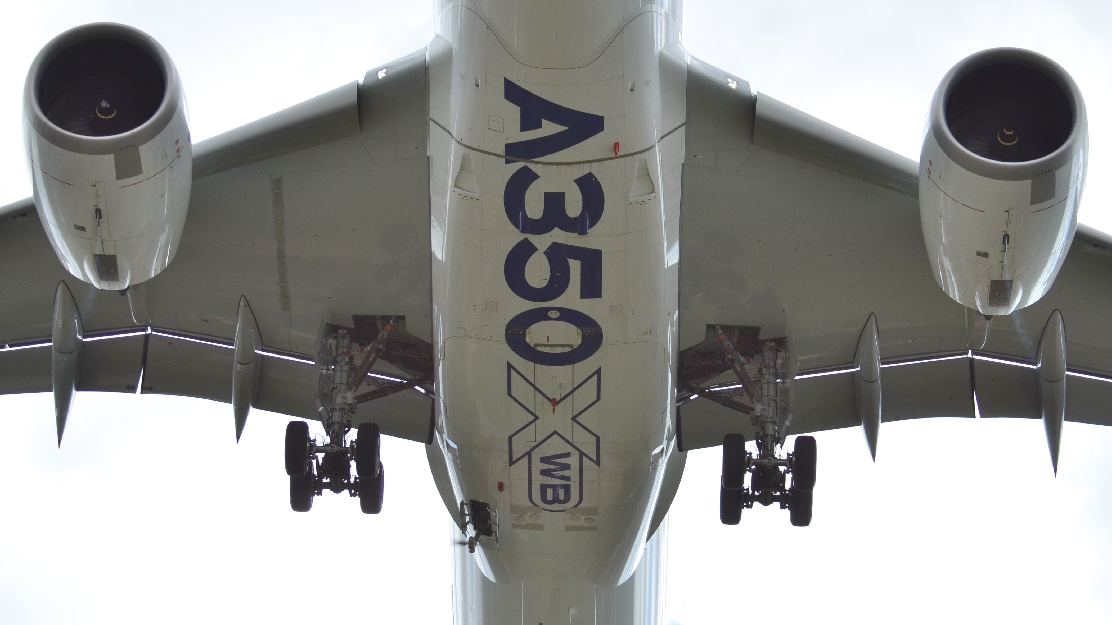 A closeup of the underbelley of the Airbus A350 with its Ram Air Turbine out.