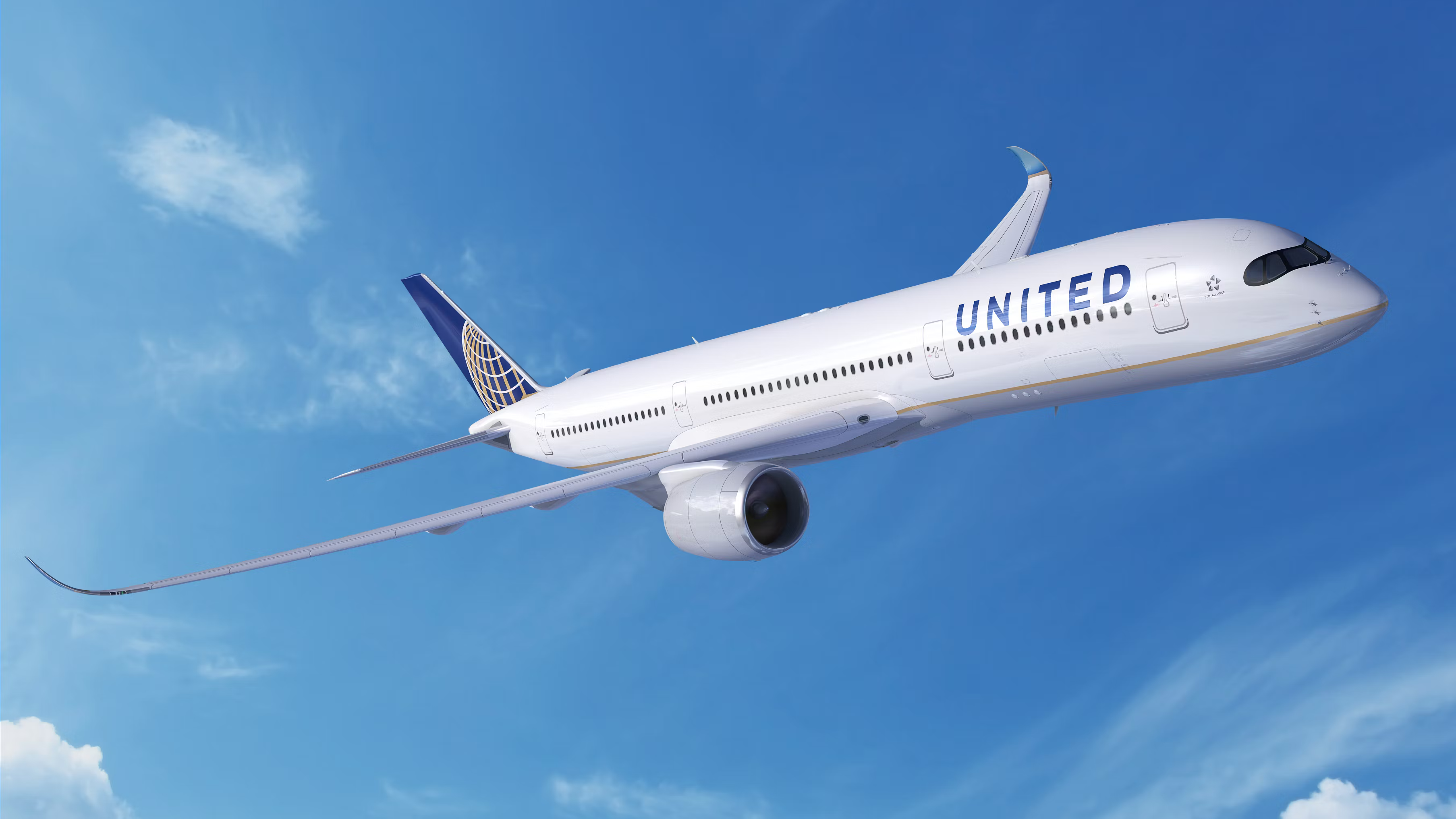 A render of a United Airlines Airbus A350 flying in the sky.
