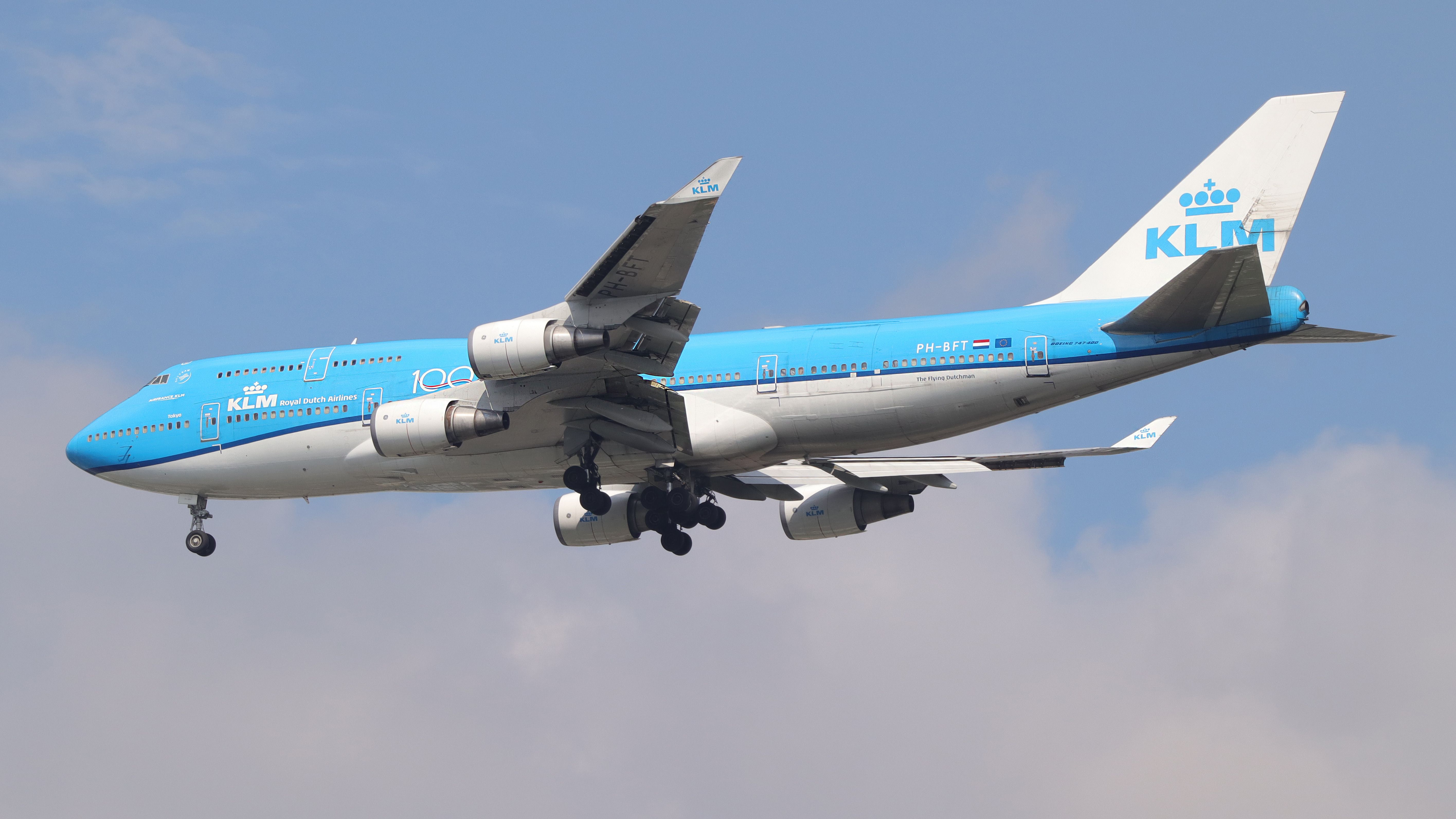 A KLM Boeing 747-400M Combi flying in the sky.