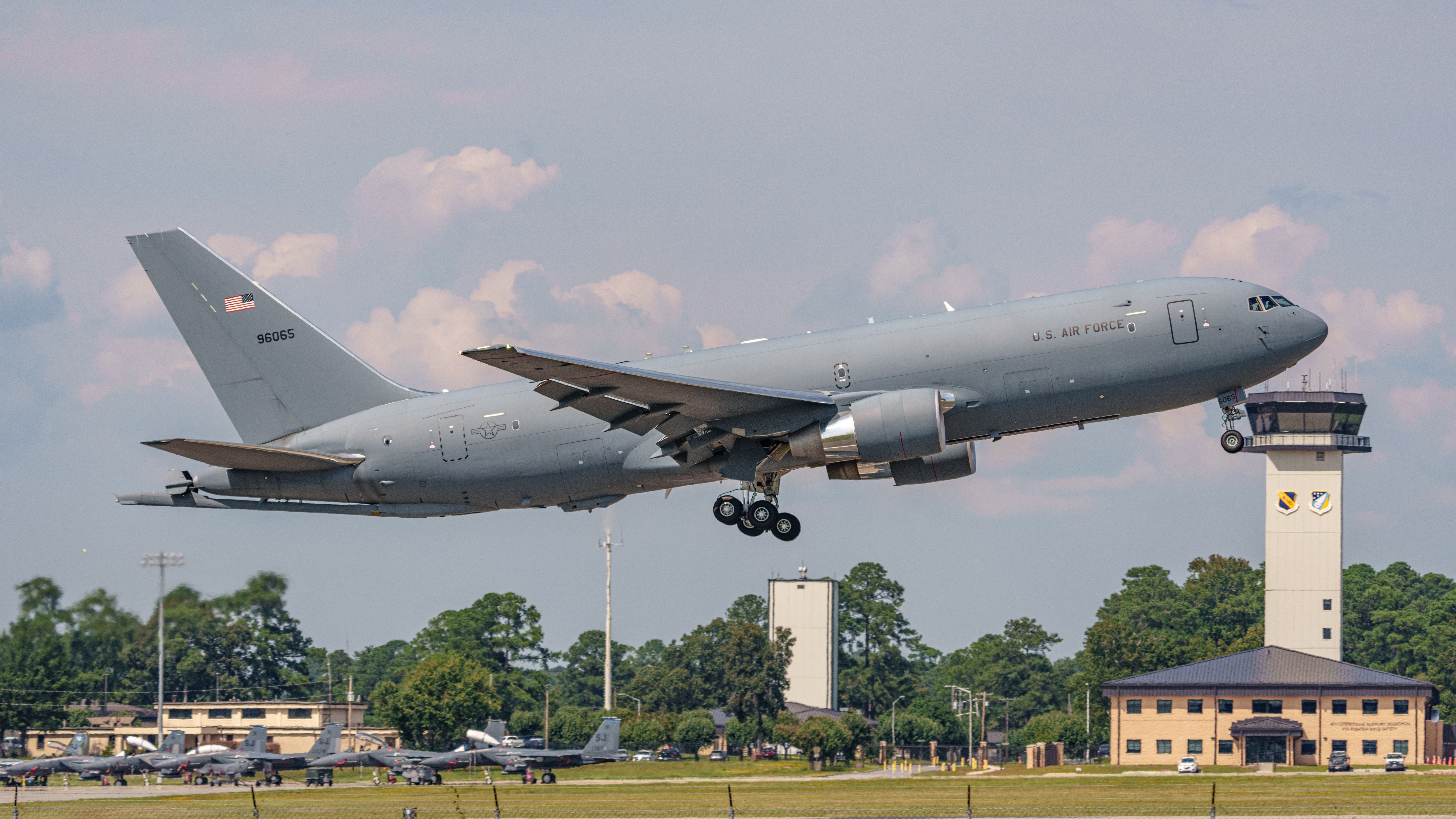 A USAF Boeing KC-46 Pegasus taking off.