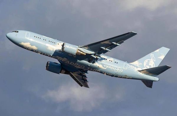The Air CargoJet Air Drake Boeing 767 flying in the sky.