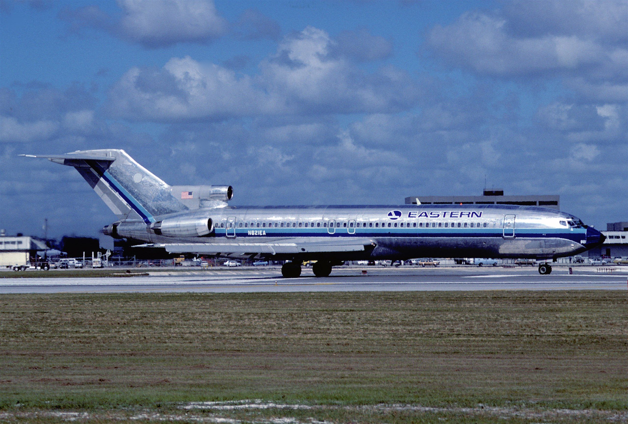 An Eastern Air Lines Boeing 727 on a taxiway.