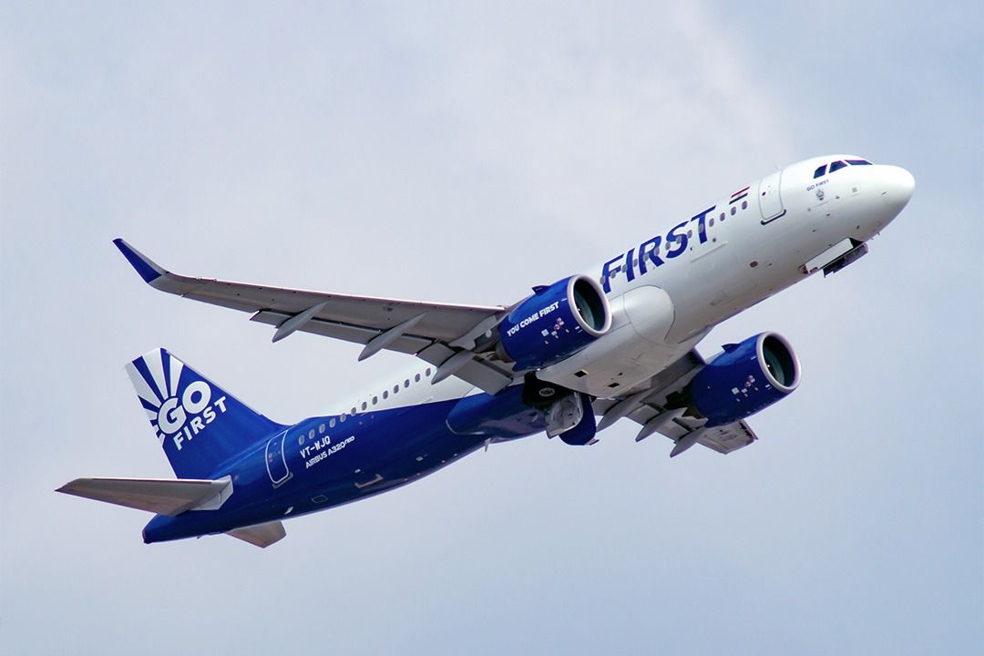 Go First Airbus A320neo taking off.
