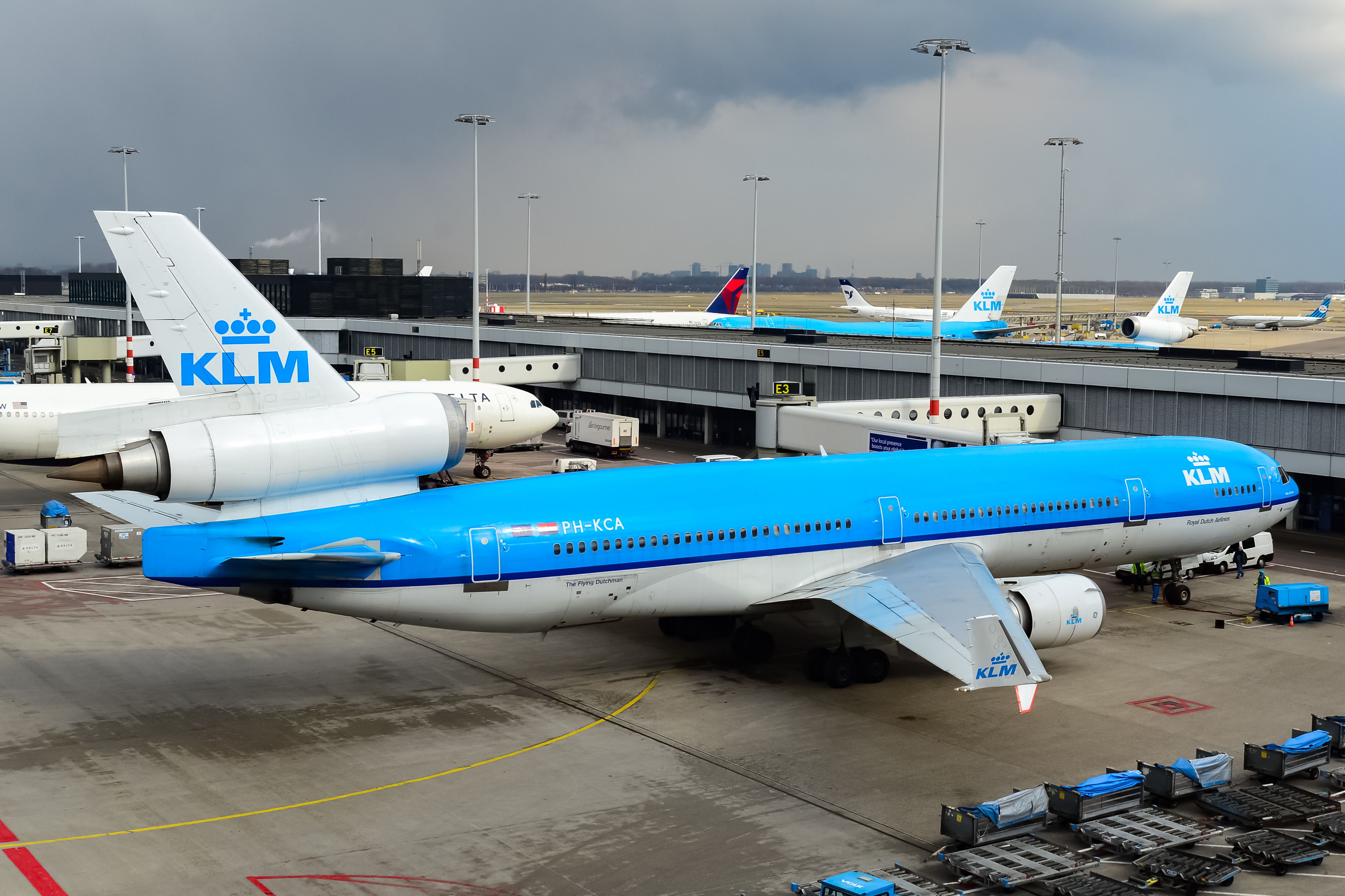A KLM MD-11 parked at Amsterdam Schiphol Airport.